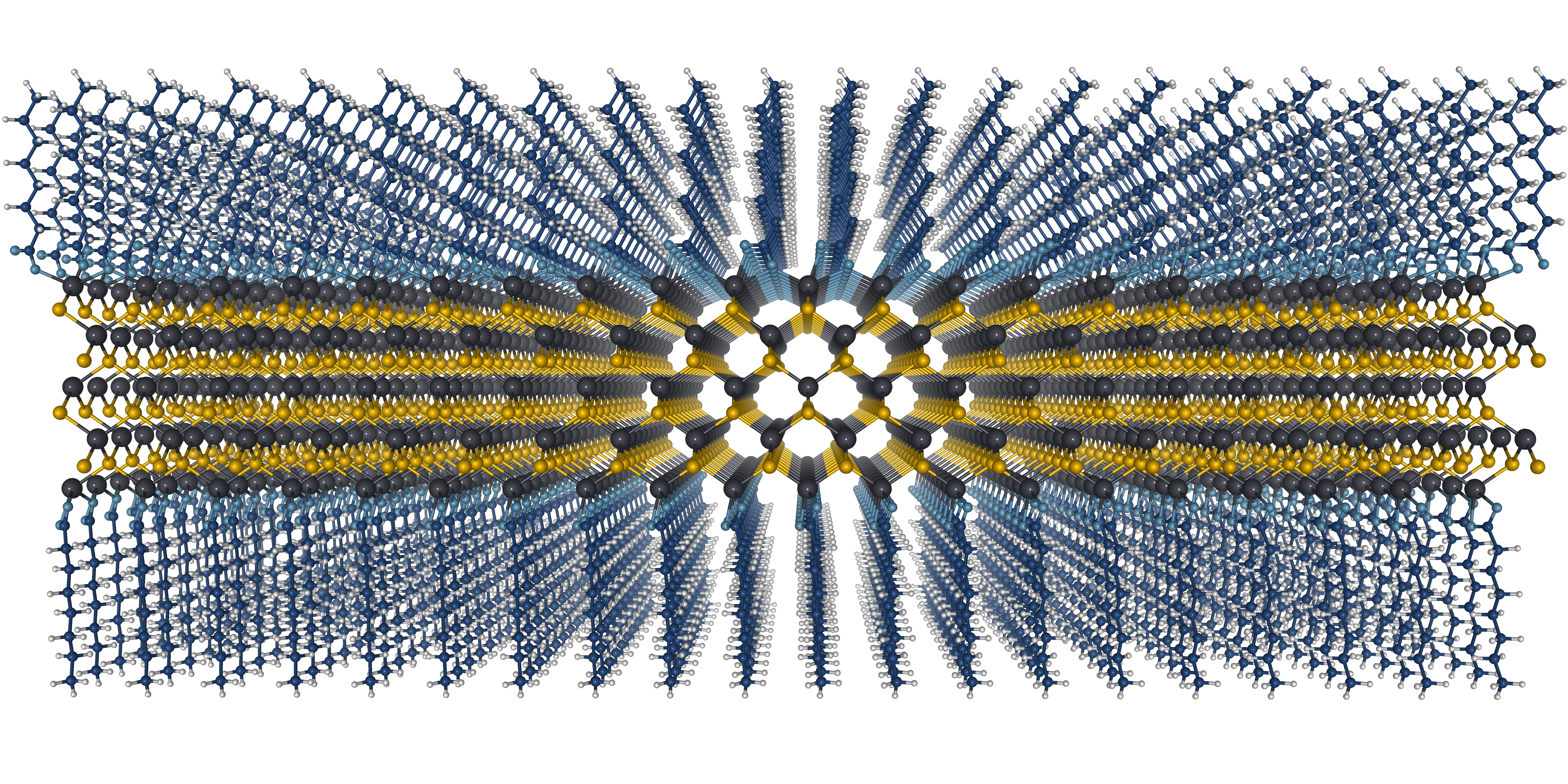 Atomistic visualization of a 4-monolayer CdSe nanoplatelet passivated by octanoate ligands.