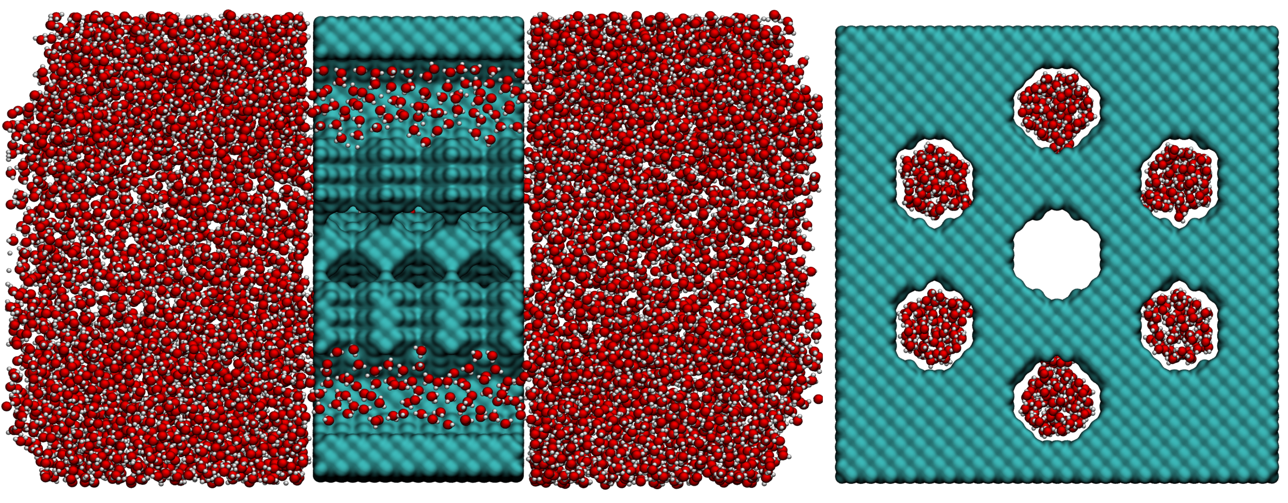 Molecular dynamics representation of two water reservoirs separated by a membrane. In the membrane 7 pores where drilled in a honeycomb pattern (6 pores surrounding a central one). All the surrounding pores have water inside but the central one does not. There are 3 secondary channels connecting the main pore to each surrounding pore, with 18 secondary channels in total.