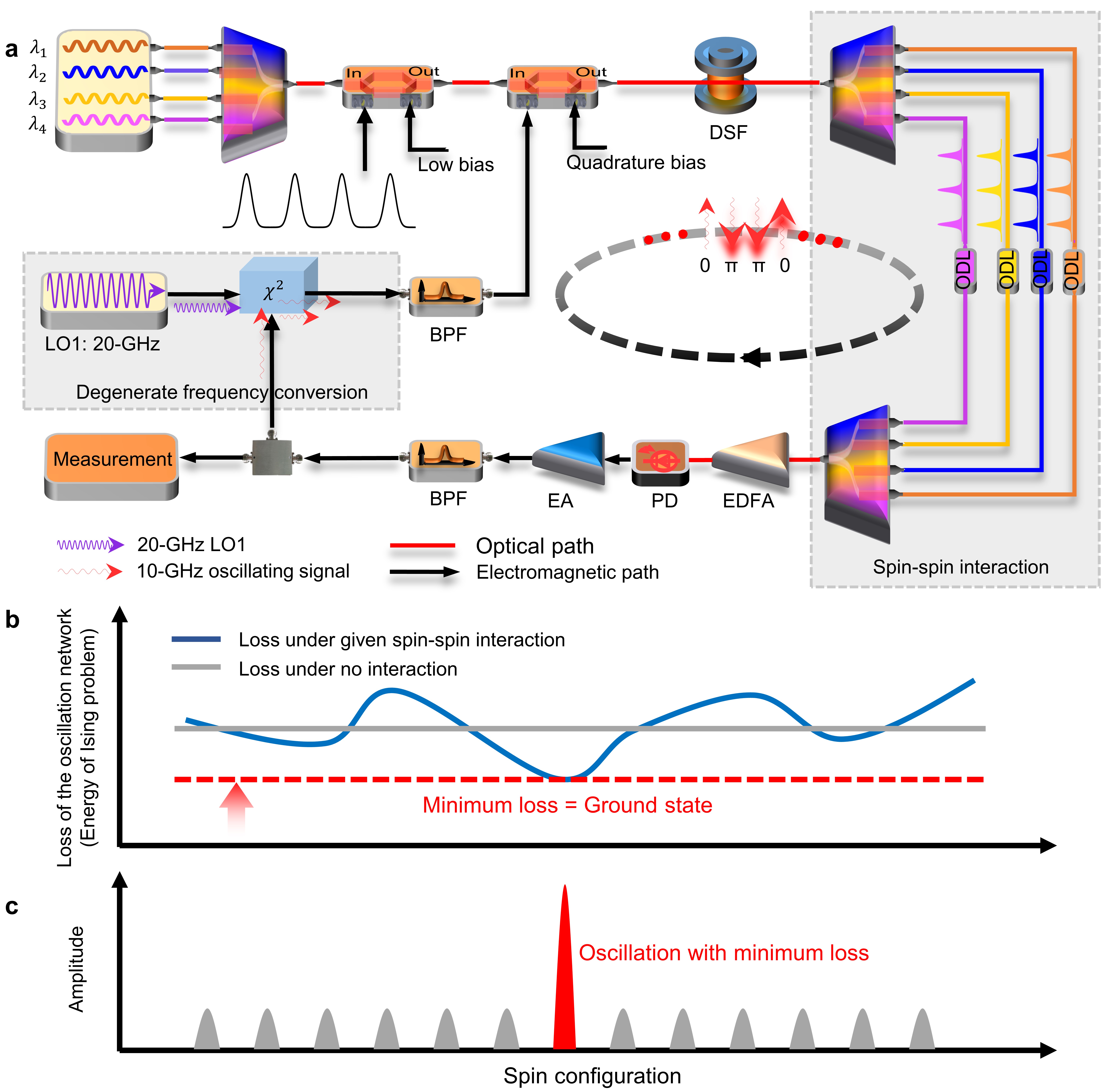 a, The schematic diagram. Spins are represented as binary phases of short microwave pulses generated from the optoelectronic oscillator, and spin interactions are realized by using different channels in the optical path with configurable delays. b, A given spin-spin interaction would change the global network loss, and the minimum-loss operation can be achieved by gradually increasing the gain of the oscillation network. c, The network with the minimum-loss spin configuration has the maximum possibility to oscillate, and the phase configuration corresponds to the answer to a given Ising problem.