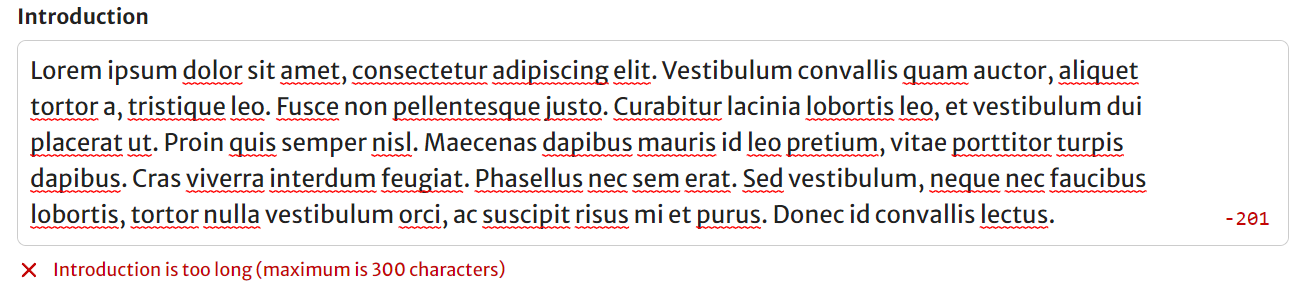 The 'Introduction' section of the post creation page. This is filled with place-holder text and displays the character limit at the bottom right hand corner (which shows that the current text is 201 characters over the limit). At the very bottom, in red letters, the following can be read 'Introduction is too long (maximum 300 characters)’.