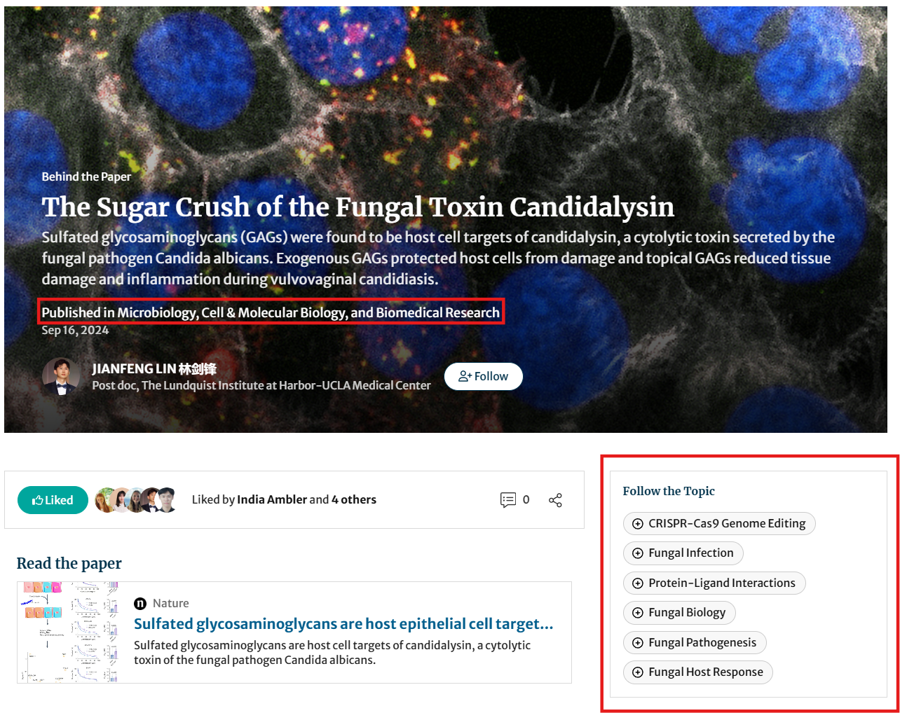 A post page display with a red rectangular box highlighting the published community and related topics.
