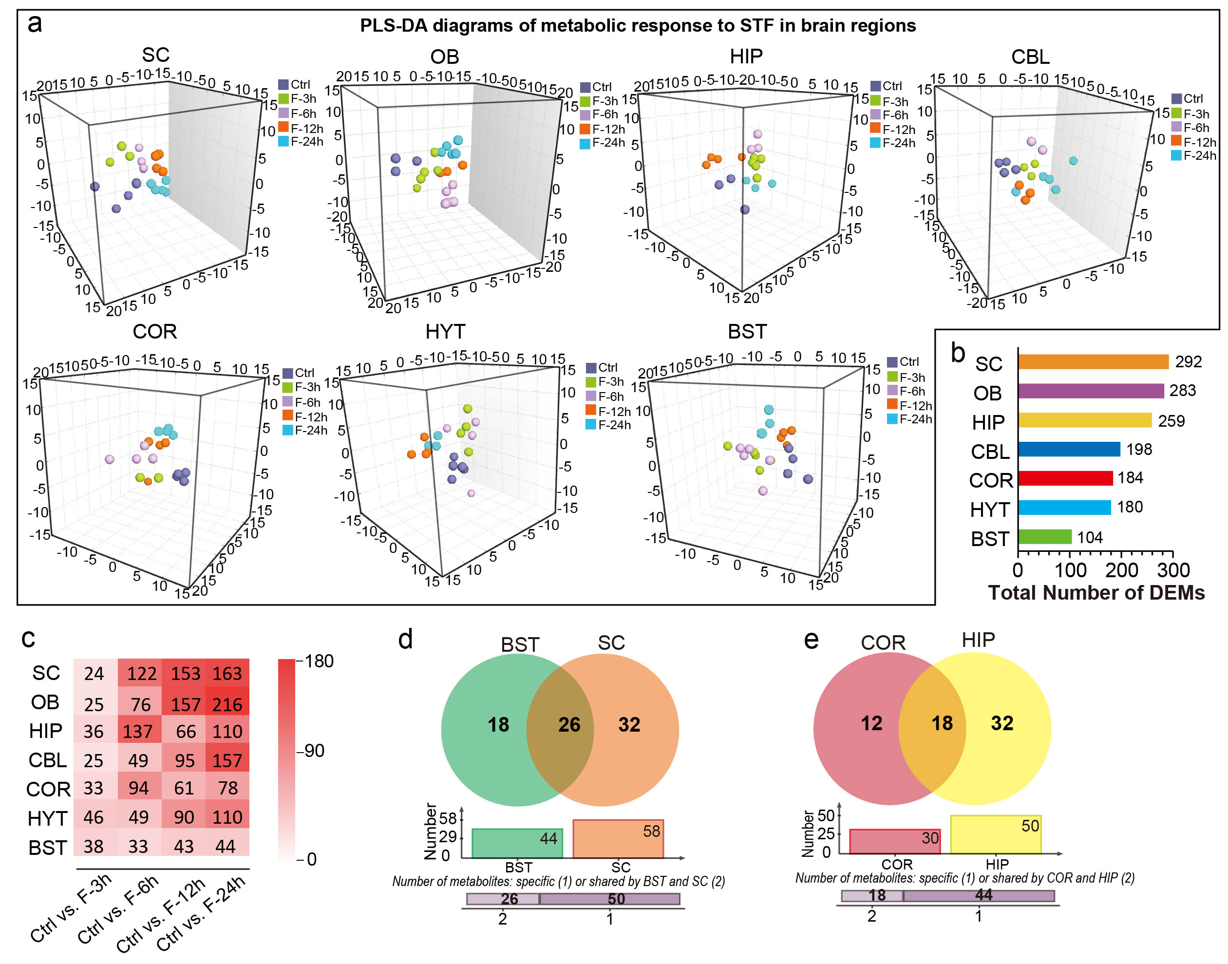 Figure 2. Spatiotemporal effects of short-term fasting on the metabolome in multiple brain regions. a. Three-dimensional diagrams of PLS-DA of metabolic responses to different periods of short-term fasting in SC, OB, HIP, CBL, COR, HYT and BST. b. Number of DEMs upon short-term fasting in seven brain regions. c. Number of DEMs after various periods of short-term fasting in seven brain regions. Venn diagram of the number of DEMs (GC-MS data only) after short-term fasting in (d) BST and SC, (e) COR and HIP.