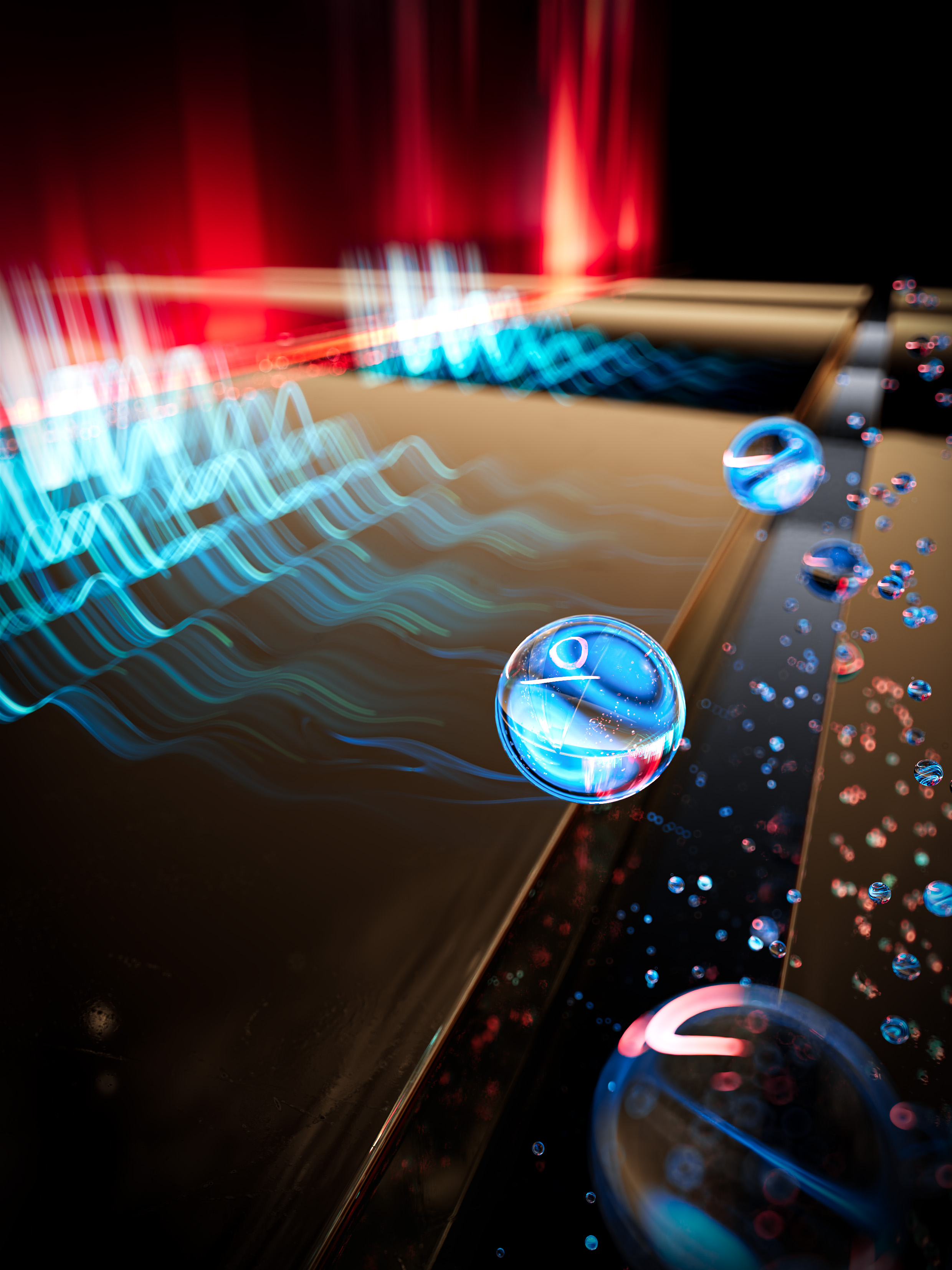 The illustration shows a light beam exciting plasmonic waves on the surface of a metallic nanostructure. These are then scattered by a slit to produce multiparticle systems with specific quantum properties.  Our manuscript describes the quantum dynamics behind this process.