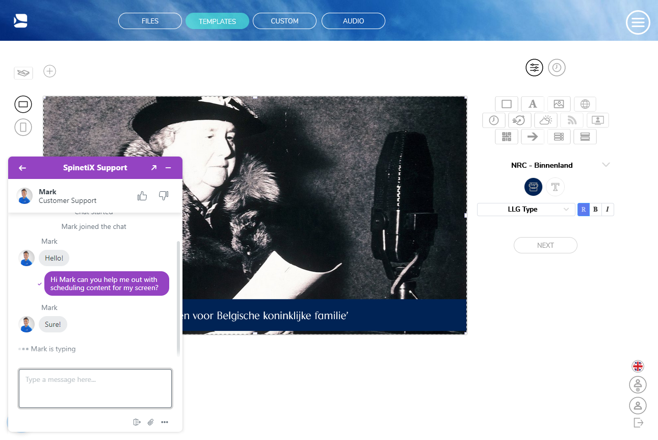SpinetiX ARYA interface – live chat support from SpinetiX ARYA experts