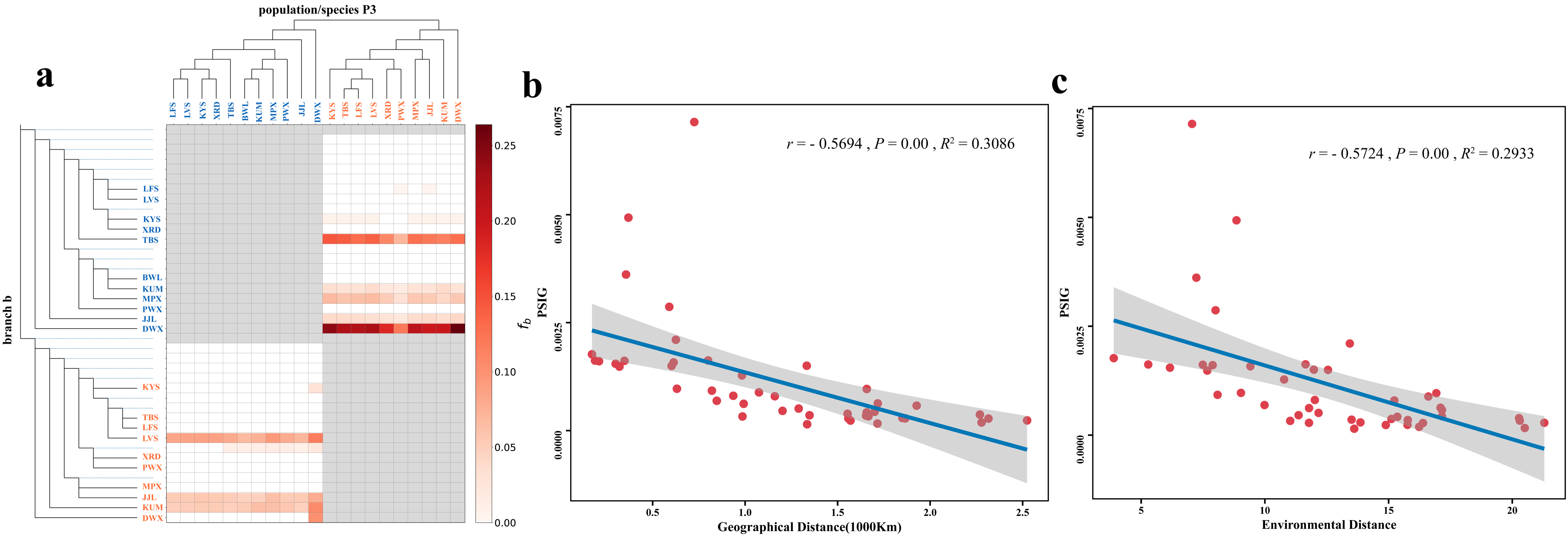 Fig. 3 The distributions of genome-wide introgression for two sympatric oak species and its correlation with geographic and environmental distances (a) The f-branch statistic identifies possible gene flow from the branch of the tree on the y-axis to the species or population on the x-axis. Q. acutissima populations are in blue and Q. variabilis populations are in orange. (b, c) The mean proportion of shared introgressed genomic regions (PSIG) between two ‘Q.a – Q.v’ populations are negatively correlated with environmental distance and geographic distance. Shaded areas represent 95% confidence intervals.