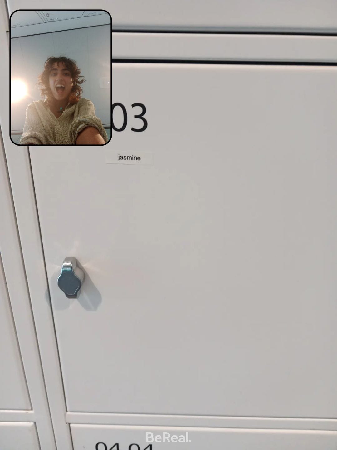 A picture of a locker with my name (Jasmine) on it. In the top left corner is a picture of my very excited face.