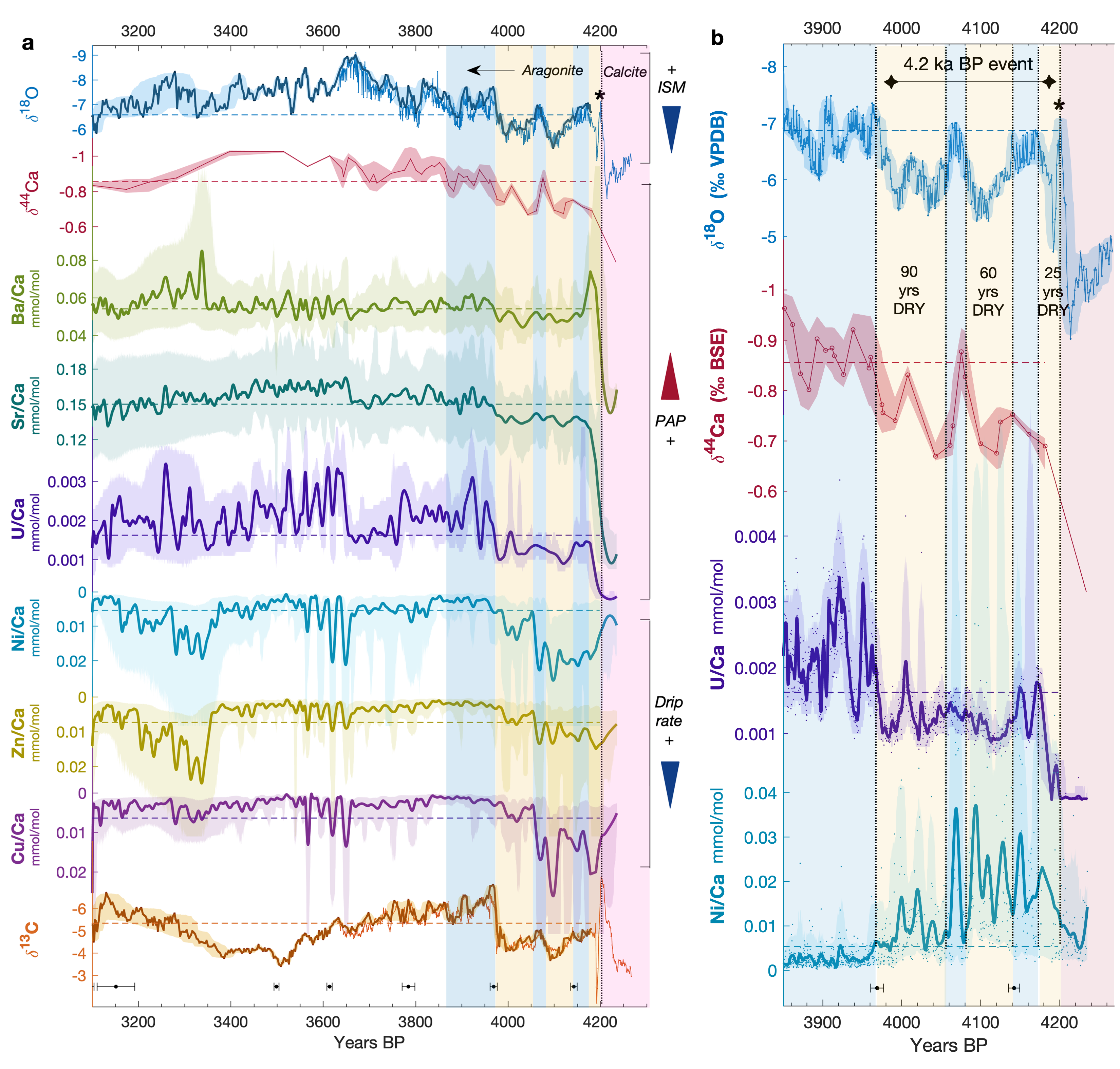 (a) 4.27-3.1 ka BP DHAR-1 record with high-resolution δ18O, δ44Ca, and δ13C stable isotope time series (note reverse axes) and Ba/Ca, Sr/Ca, U/Ca, Ni/Ca, Zn/Ca, and Cu/Ca trace element data shown as 20-year LOESS smoothing curves. Dominant processes for the proxies are indicated with arrows on the right (Indian Summer Monsoon, prior aragonite precipitation, and drip rate). δ13C is not specified because it is affected by a (variable) combination of prior aragonite precipitation, cave ventilation, and long-term soil carbon changes driven by vegetation above the cave. (b) 4.27–3.85 ka BP in more detail covering the 4.2 ka event, with δ18O and δ44Ca stable isotope time series, and U/Ca and Ni/Ca with 10-year LOESS smoothing curves. The asterisk represents the transition from calcite to aragonite after a hiatus. For each series, shaded envelopes represent the 2.5 and 97.5% proxy confidence intervals, and horizontal dashed lines show the mean value over 4.2–3.1 ka BP. Vertical shaded bars denote relatively dry (yellow) and wet (blue) intervals between 4.27 and 3.85 ka BP. U-series dates with ±2σ error bars are shown at the bottom of the graphs above the lower age axes. Figure by Alena Giesche, reproduced from Giesche et al., 2023.