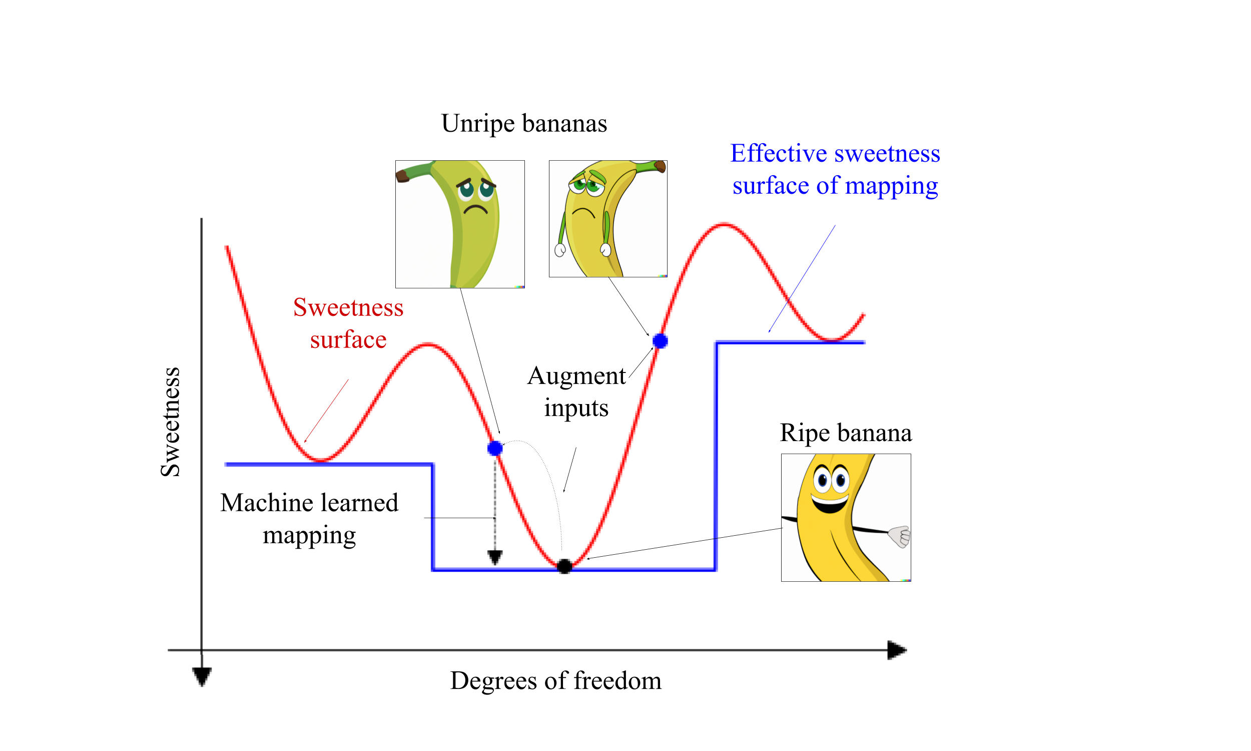 The red line denotes the sweetness mapping of the banana in the state it is. The blue line illustrates the augmented mapping, which describes what the sweetness of a banana will be once allowed to ripen.