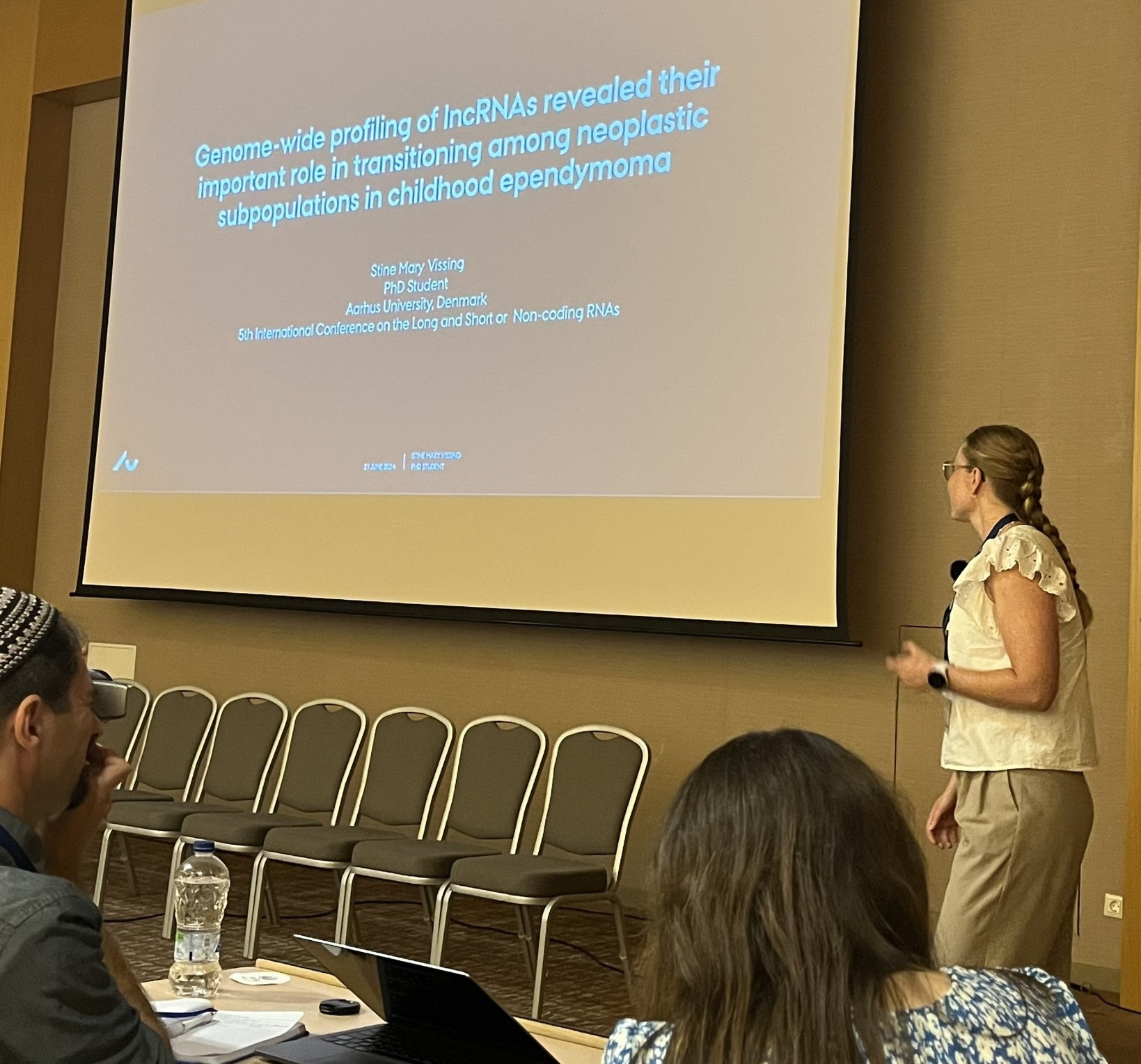 Photo of Stine Mary Vissing standing by a screen that shows her presentation title.