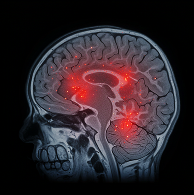 This image shows a detailed MRI scan of a human brain, revealing the effects of Alzheimer's disease. This image shows a detailed MRI scan of a human brain, revealing the effects of Alzheimer's disease.