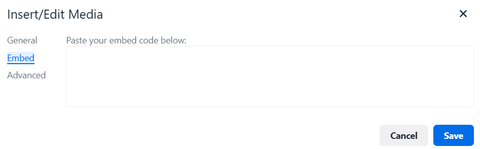 A view from the 'Embed' function with 'Embed code' box section. Two other sections  'Insert/Edit Media' and 'Advanced' can be selected.