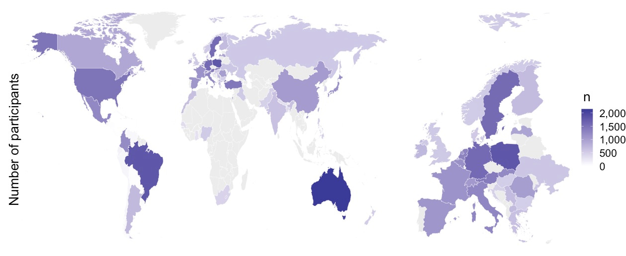 Map showing the sample size in each country