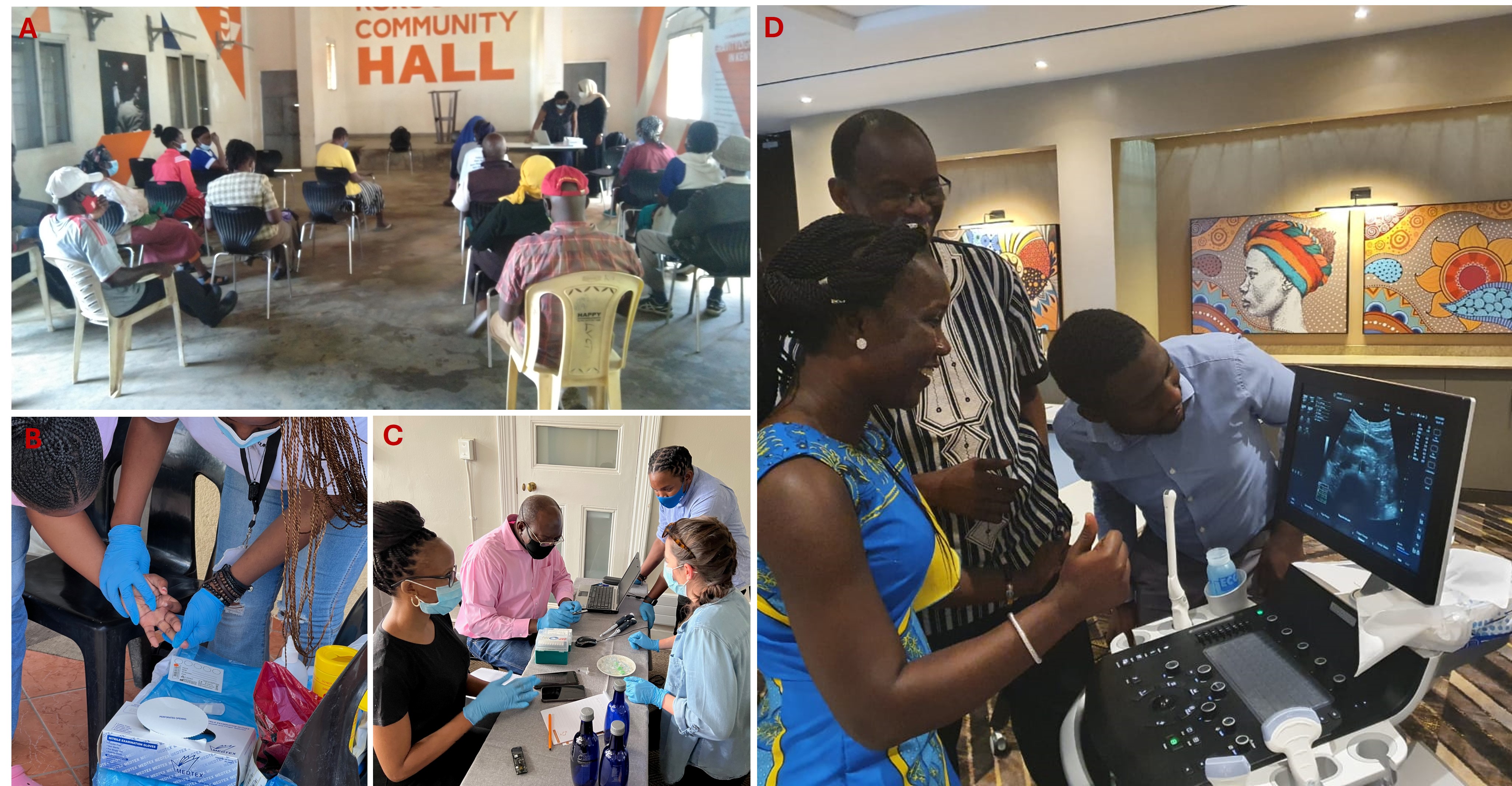 Figure 2. Interactions with the local communities and training sessions. A: A feedback session at a Nairobi site; B: A field visit in Agincourt, South Africa; C&D: Training sessions at South African and Kenyan institutes, respectively.