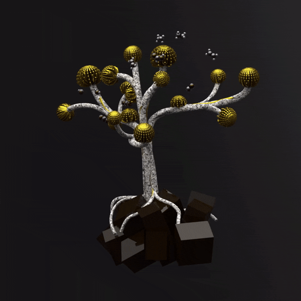 Artistic representation of an artificial tree wiring copper nanoflowers to lead halide perovskite semiconductors for CO2 conversion.