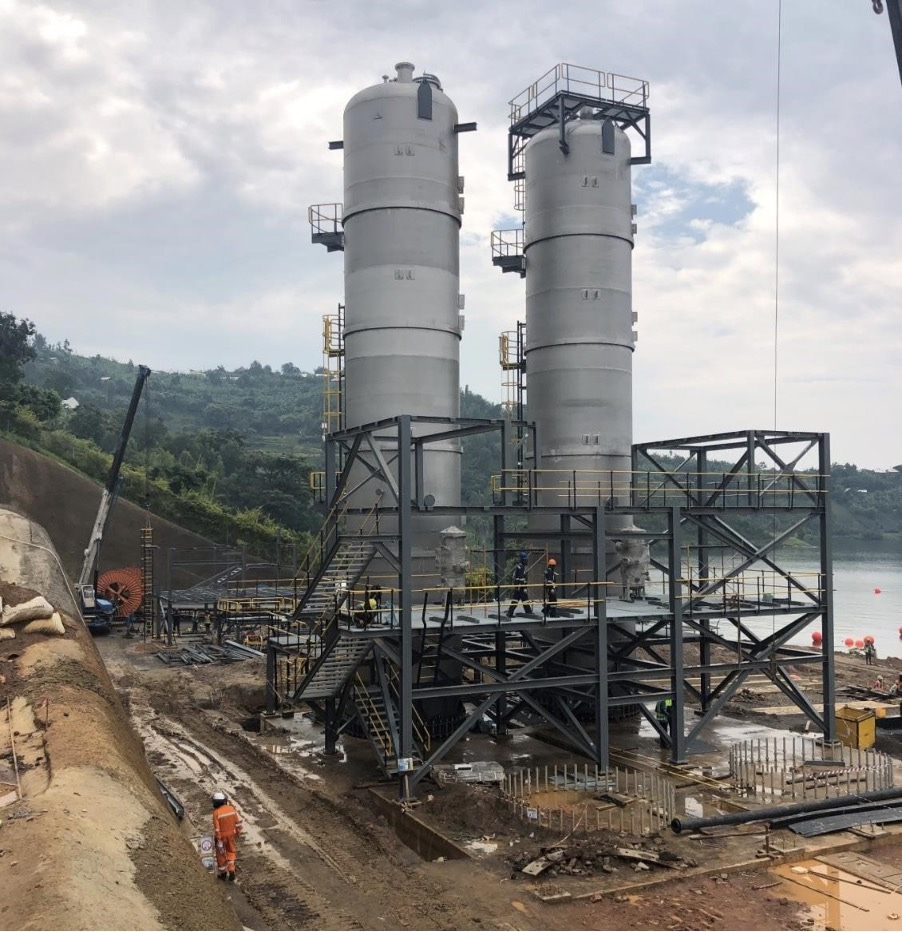 Wash water towers used in the sweeting process at the Kivu 56 Methane Gas to Power Plant 