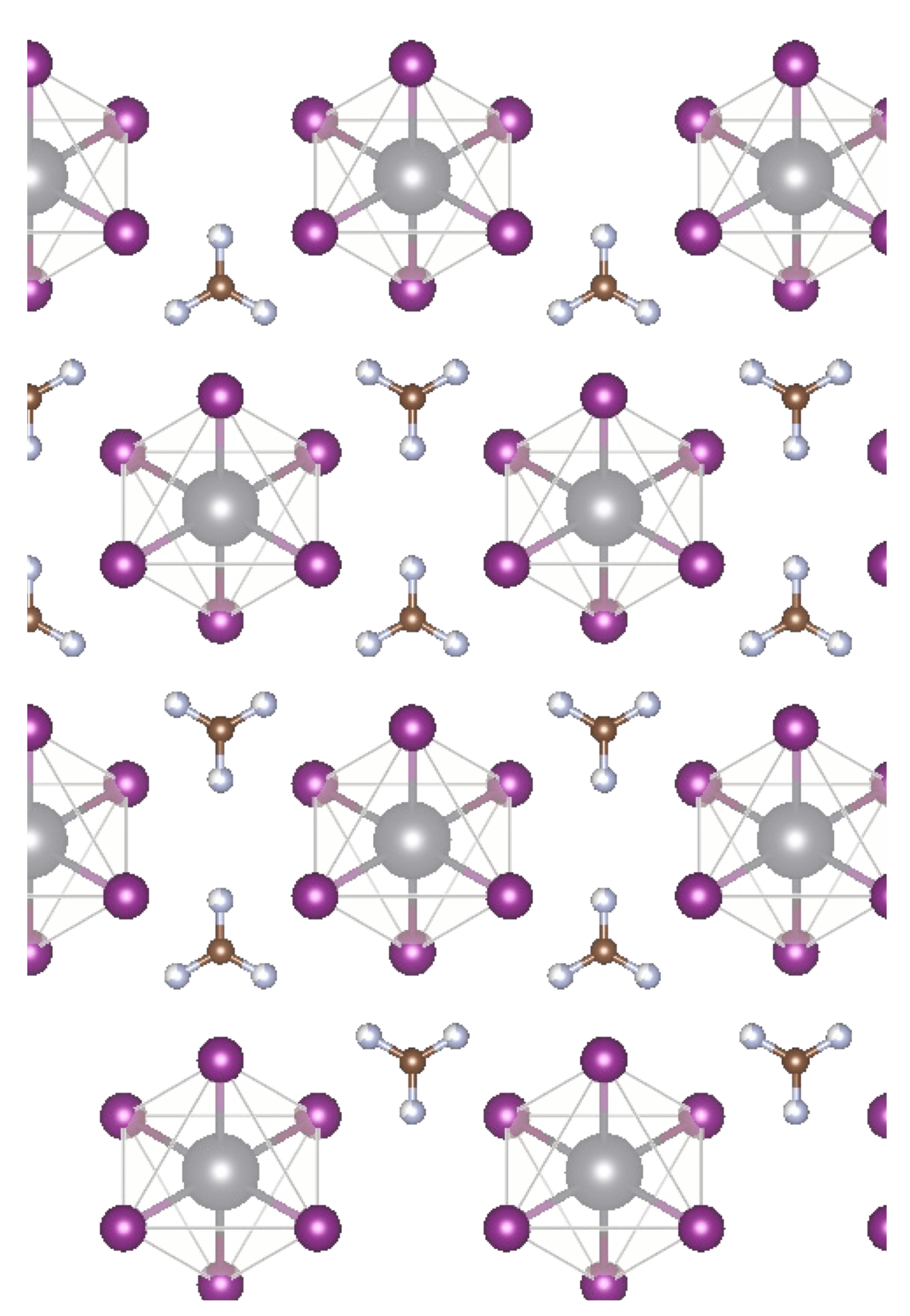 FAPbI3 d-phase. This phase is made of inorganic PbI3 pillars, consisting of face-sharing PbI6 octahedra, glued together by Formamidinium, FA+ ions. Formamidinium, of chemical composition (NH2)2CH, is here represented by one brown sphere for carbon and three light-blue spheres for nitrogen (hydrogen is not shown) because the orientation of the molecule is random and highly dynamical.