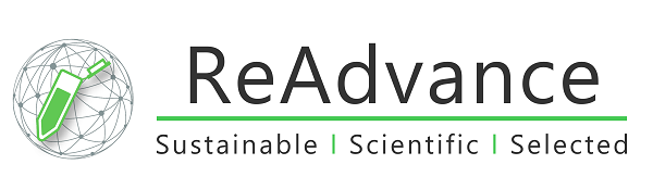 ReAdvance logo showing a green pipette over a circle-shaped network, the name ReAdvance and the keywords sustainable, scientific and selected underneath.