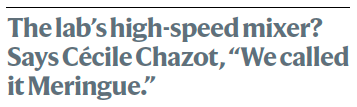 A quote by Dr. Cécile Chazot, a materials scientist at Northwestern University’s McCormick School of Engineering: The lab’s high-speed mixer? Says Cécile Chazot, “We called it Meringue.” 