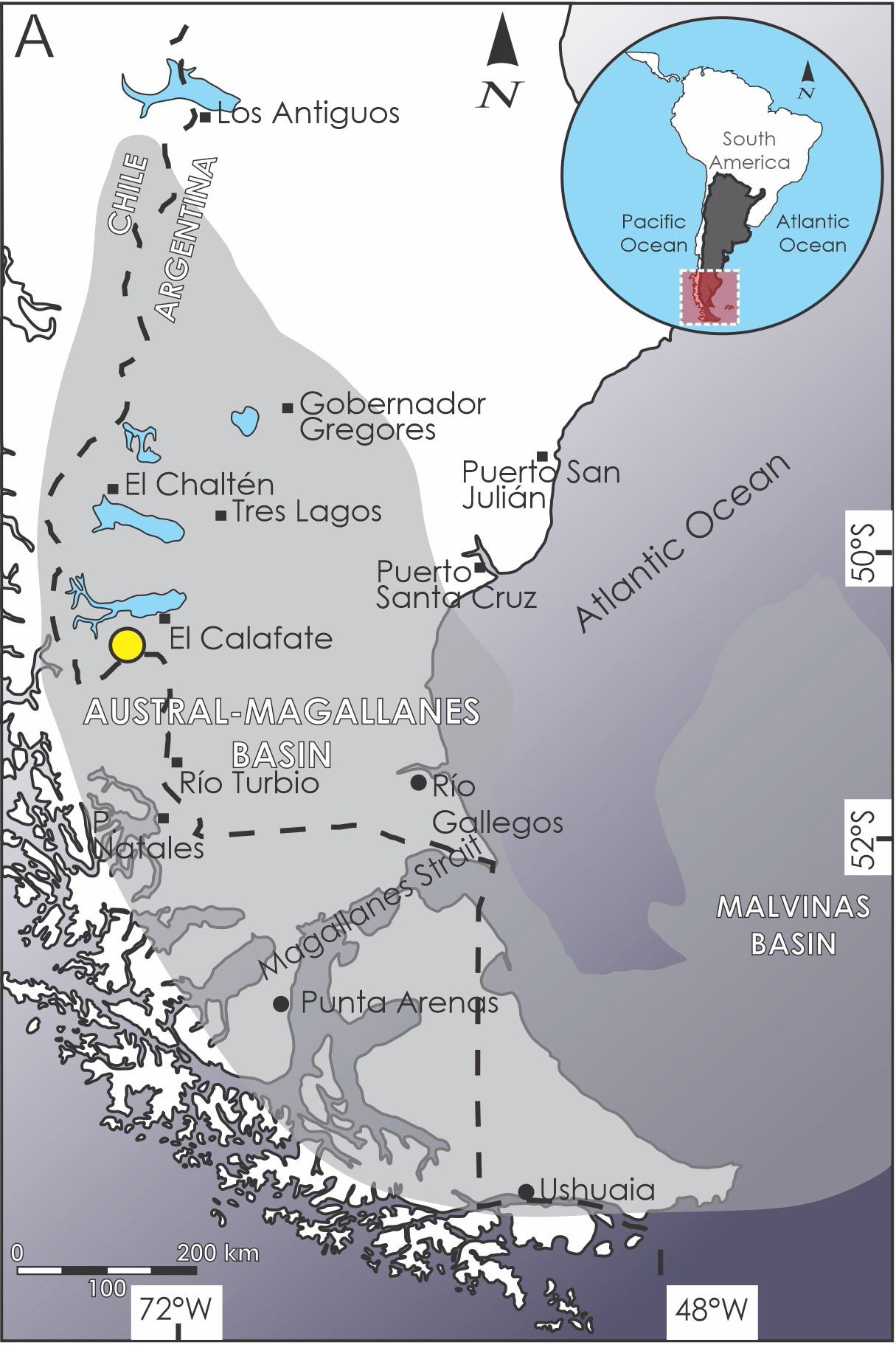 Figure 1. Map of southern Patagonia indicating with a yellow spot the location where the Chorrillo Formation crops out