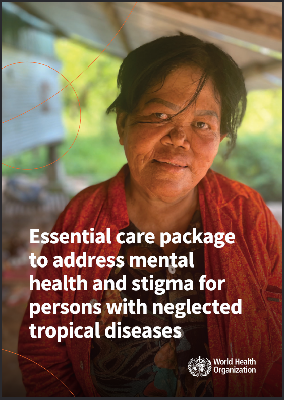 A woman stands outdoors in a rural setting, wearing a red patterned shirt and offering a gentle smile. Greenery and a simple structure with a corrugated metal roof appear in the background. Overlaid text reads: “Essential care package to address mental health and stigma for persons with neglected tropical diseases – World Health Organization.”