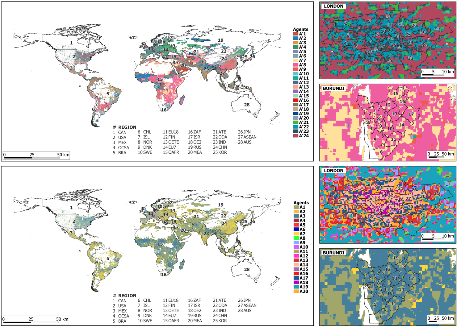 Fig 1. Global distribution of energy consumers under two (top) and three (bottom) geospatial characteristics. 