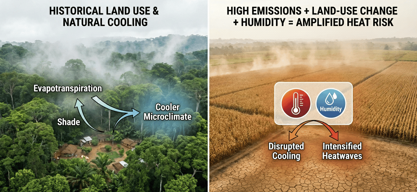 As forests are cleared for cropland, the loss of natural cooling mechanisms could cause heatwaves in parts of Africa to last 12 times longer by 2100, creating "near-perennial" heat states.