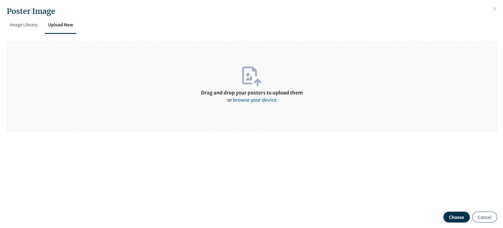 The poster image pop up menu showing tabs for ‘Image Library’ and ‘Upload New’, with Upload New underlined in blue. Instructions to either drag and drop an image into the box or upload an image from your device are shown in the centre of the box.