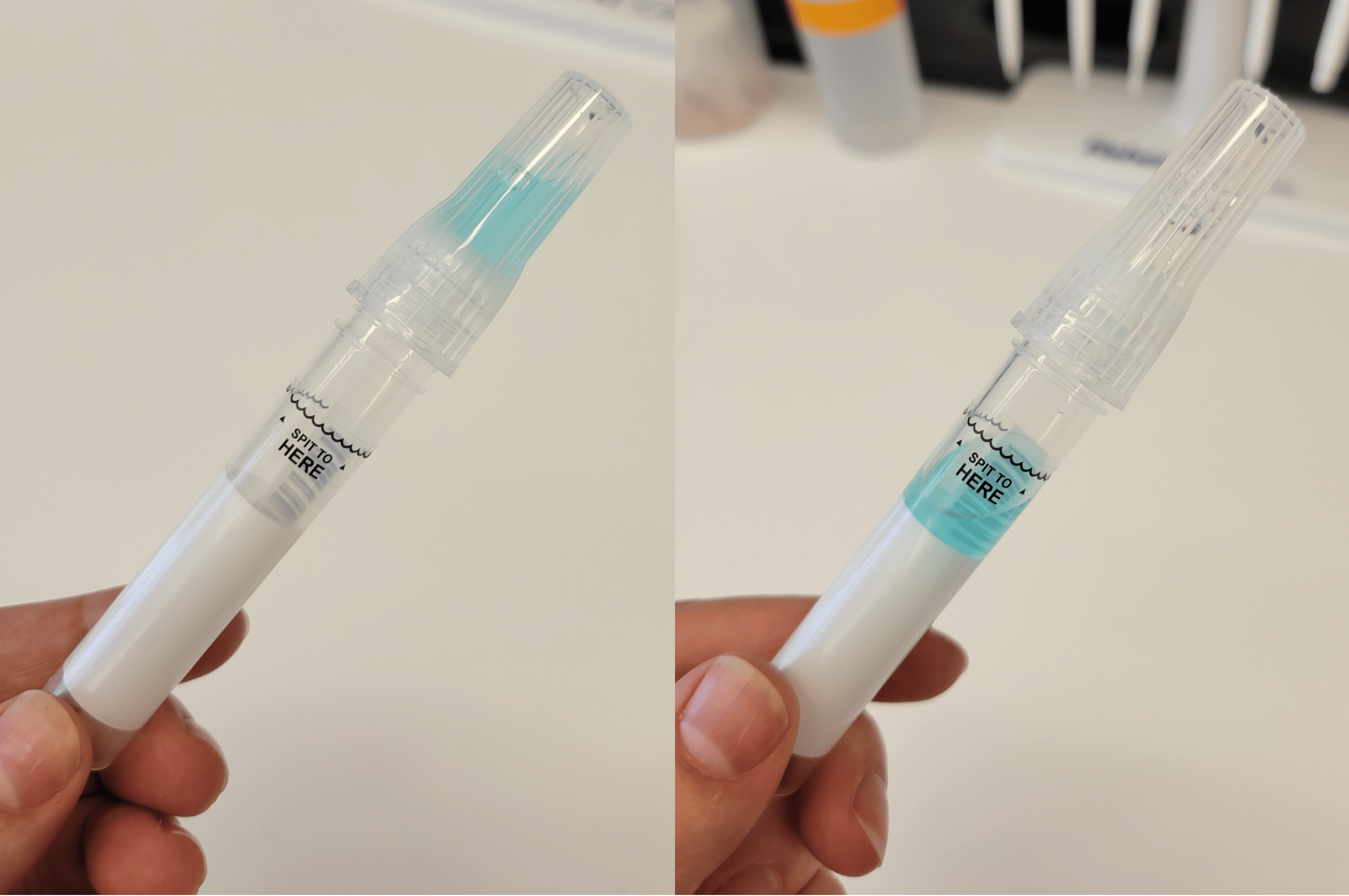 Two panels of a hand holding a clear plastic tube. On the left the large cap of the tube is filled with a light blue liquid. On the right the cap is empty and the liquid is in the tube.