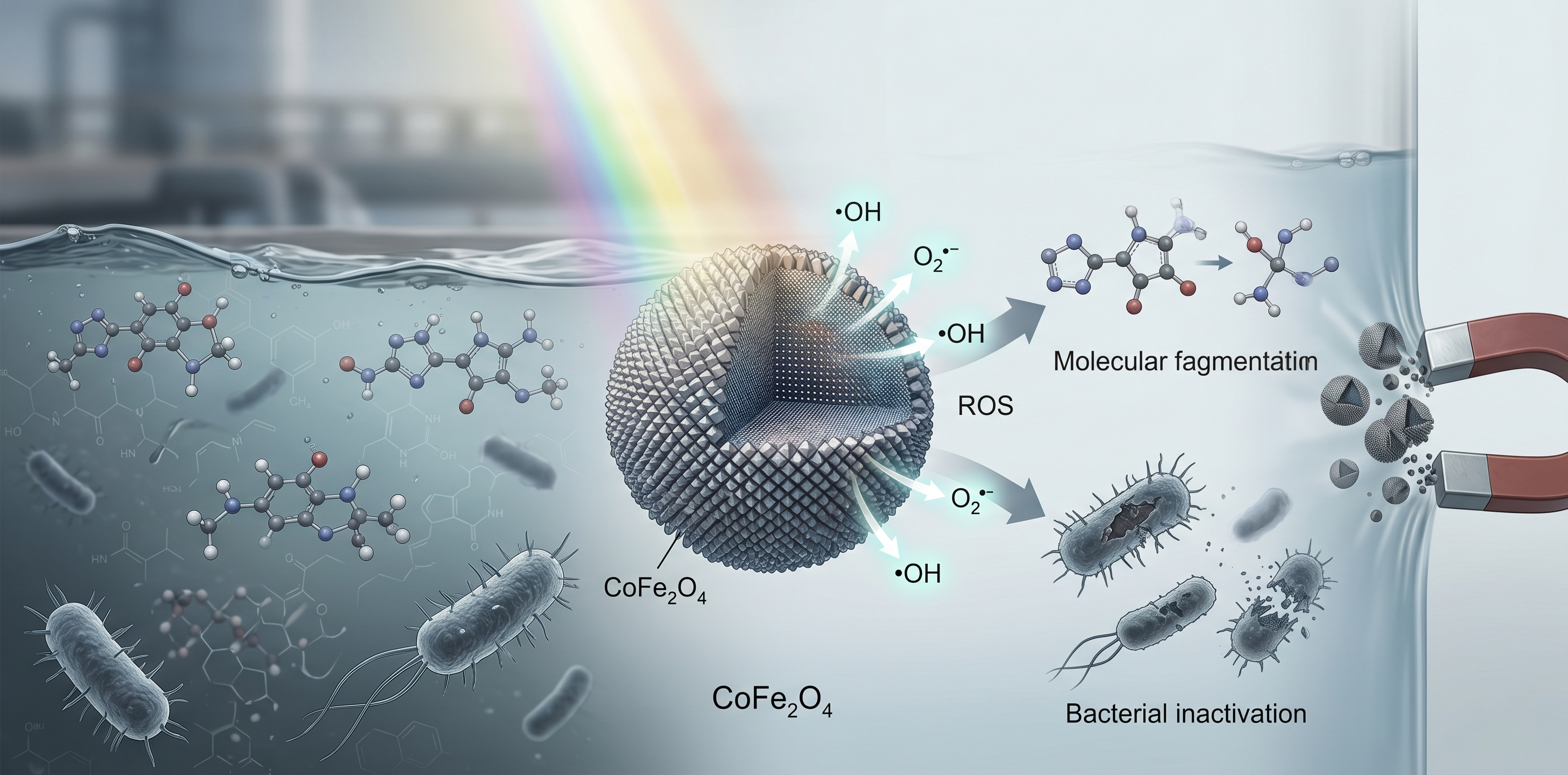 Visual overview of a CoFe₂O₄ nanoparticle system designed for complete wastewater remediation. The nanoparticle is activated by sunlight to produce powerful oxidizing agents (ROS). These agents are shown simultaneously breaking down a large organic pollutant molecule and neutralizing bacterial cells. After treatment, an external magnet is used to easily recover the catalyst particles, emphasizing system scalability and recovery.