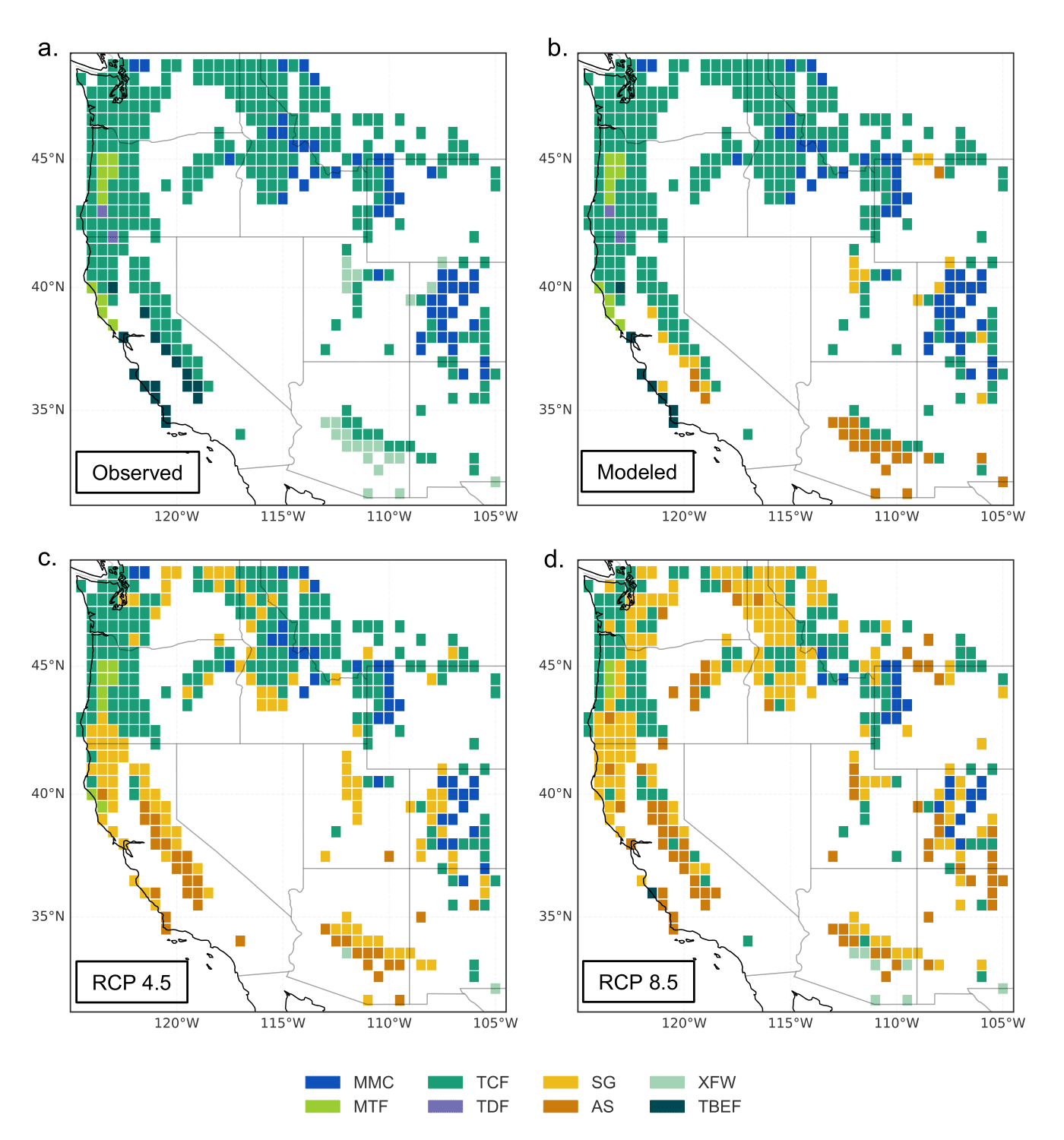 Distribution of dominant PFTs. a Observed dominant PFTs for 1984–2014. b Modeled dominant PFTs for 1984–2014 at a 0.5 by 0.5 deg resolution. c Modeled dominant PFTs for the end of the century (2070–2100) under RCP 4.5 scenario. d Modeled dominant PFTs for end of the century (2070–2100) under RCP 8.5 scenario. PFTs include MMC Mesic Mixed Coniferous Forest, MTF Mixed Temperate Forests, TDF Temperate Deciduous Forest, TCF Temperate Coniferous Forest, SG Short Grasslands, AS Arid Shrublands, XFW Xeromorphic Forests and Woodlands, TBEF Temperate Broadleaved Evergreen Forests.