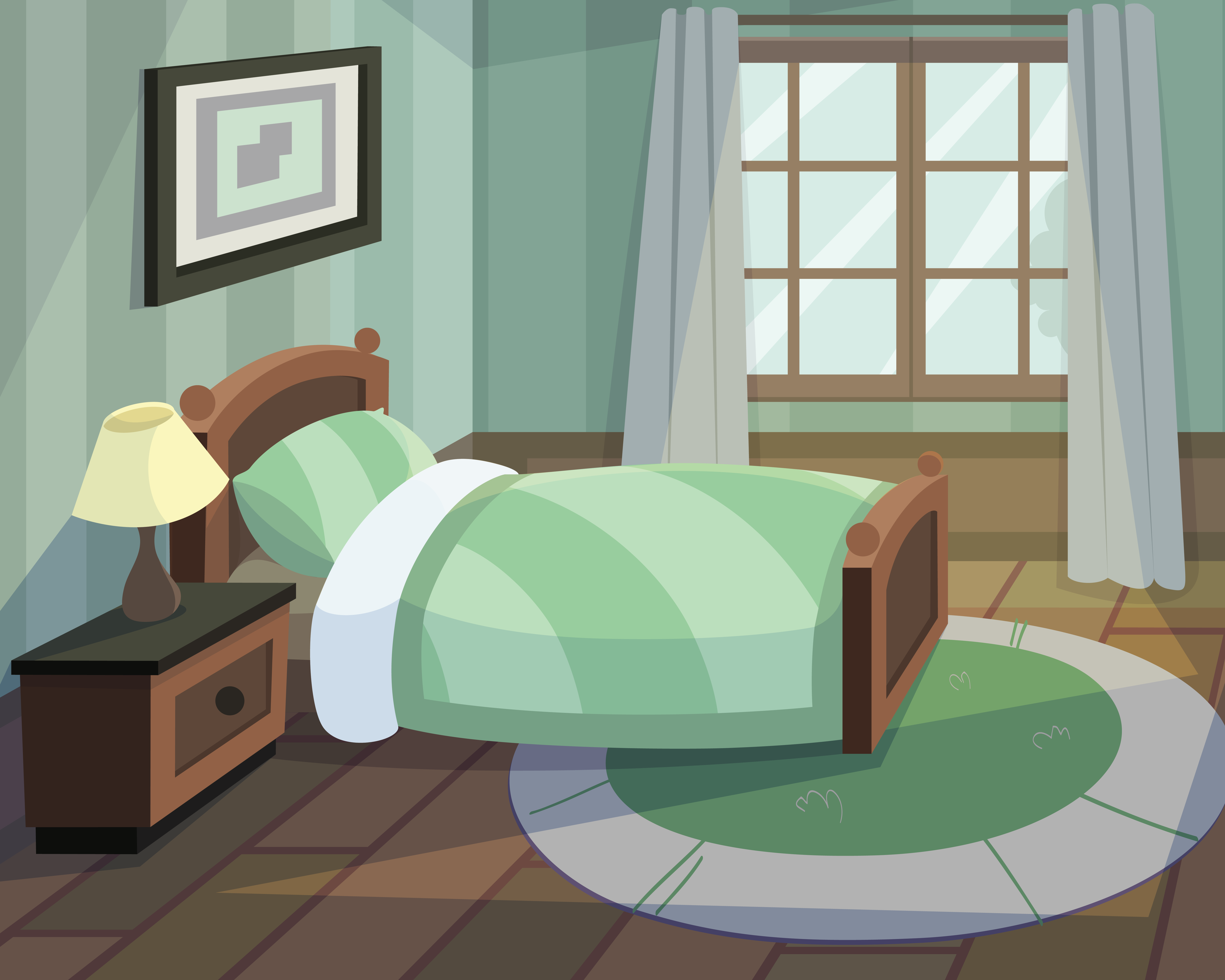 An illustration of a  cozy bedroom in green hues with a window and a night-stand.