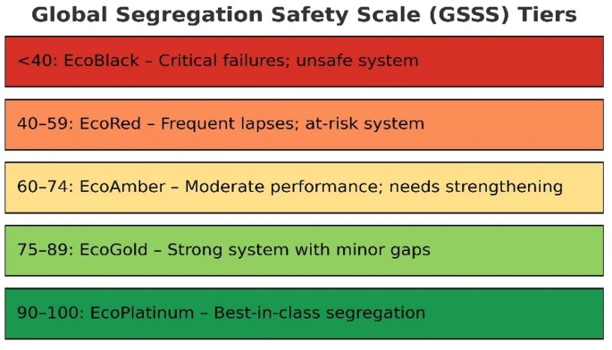 Figure 1. Global Segregation Safety Scale (GSSS) illustrating institutional benchmarking tiers within Bhadran’s Point-of-Generation Segregation Theory.
