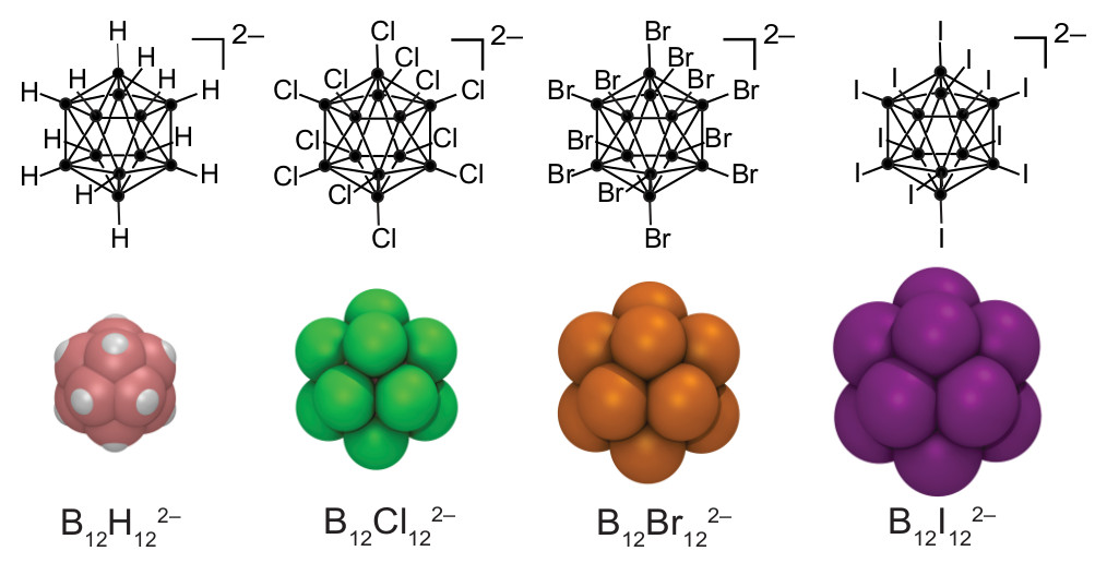 Structure and space-filling model of the four closo-dodecaborate anions