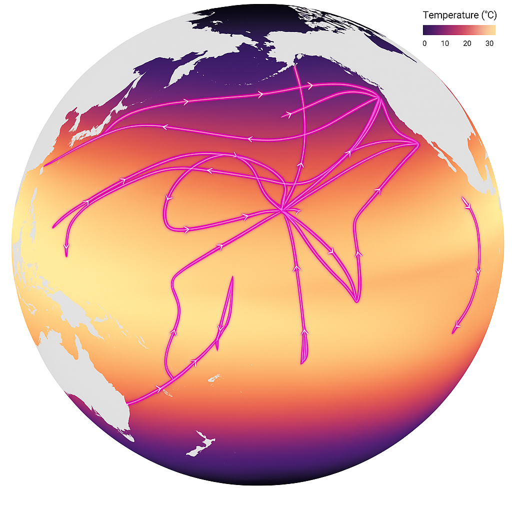 The lines on the map are cruise tracks, overlaying temperature. The water in yellow areas hovers around 86 degrees while the temperature at the poles is closer to 32. Researchers cataloged Prochlorococcus abundance using SeaFlow continuous flow cytometry along the path of the lines.
