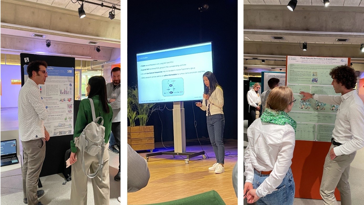 Three photos showing conference participants presenting their research.