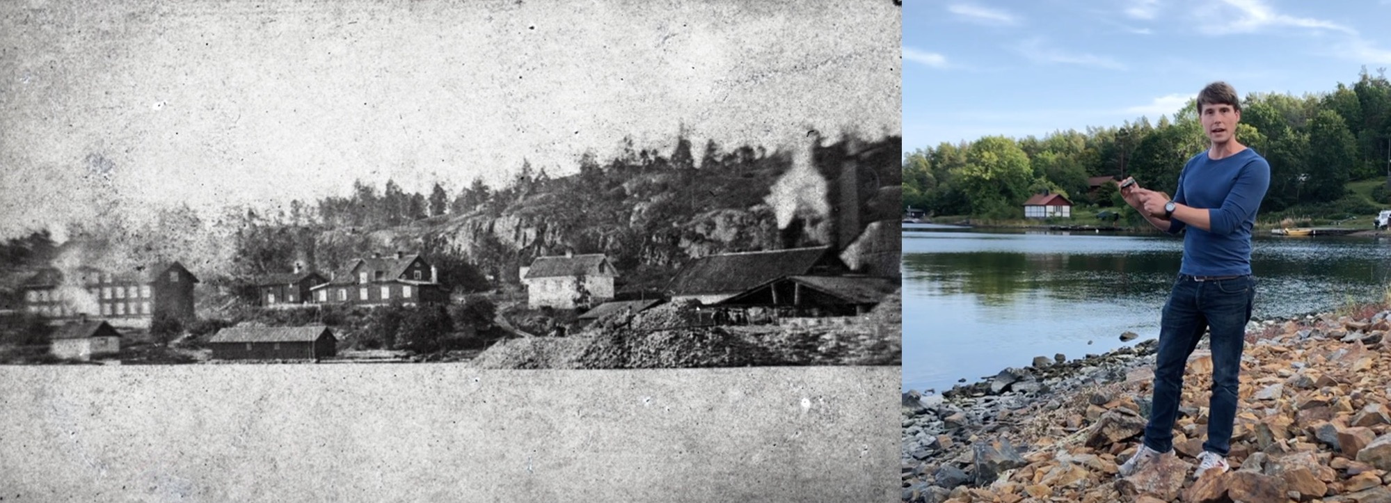 The author’s dissertation aims to explore how marine diatoms responds to metal pollution, by studying populations in and around the historical Solstad copper mine on the Baltic Sea coast. Left panel: the Solstad copper mine circa 1870 (Unknown photographer: https://digitaltmuseum.se ). Right panel: the author standing on remaining mine tailing deposits (authors photo).
