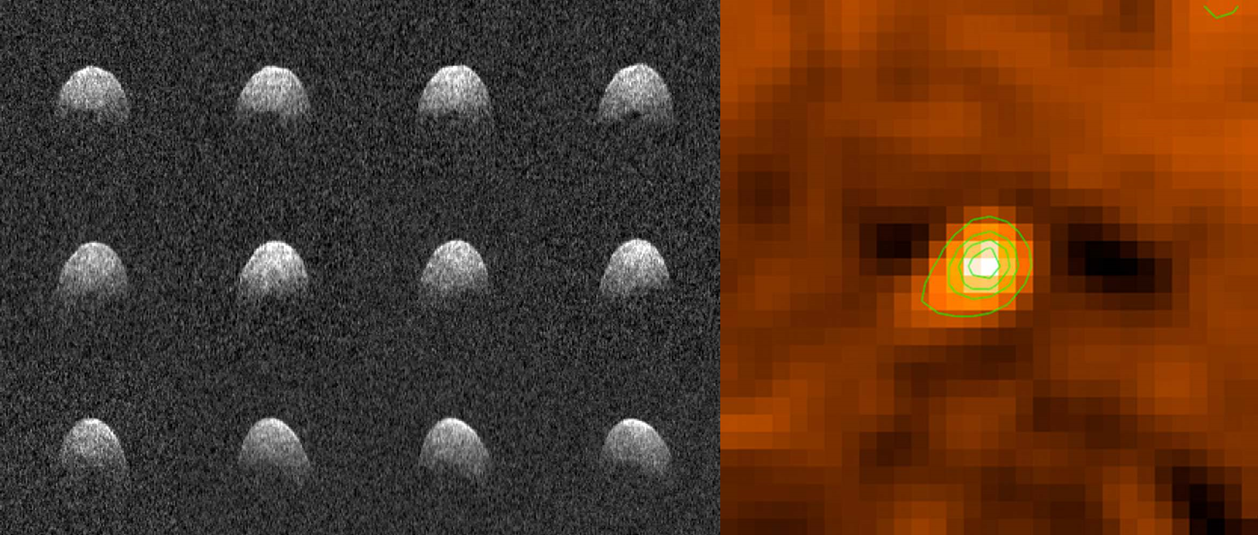 Radar images of Phaethon generated by astronomers at the USA National Science Foundation's Arecibo Observatory in 2017 (credit: Arecibo Observatory/NASA/NSF) and the cometary-like protrusion from the asteroid as seen by NASA's STEREO spacecraft (credit: Jewitt, Li, Agarwal /NASA/STEREO).