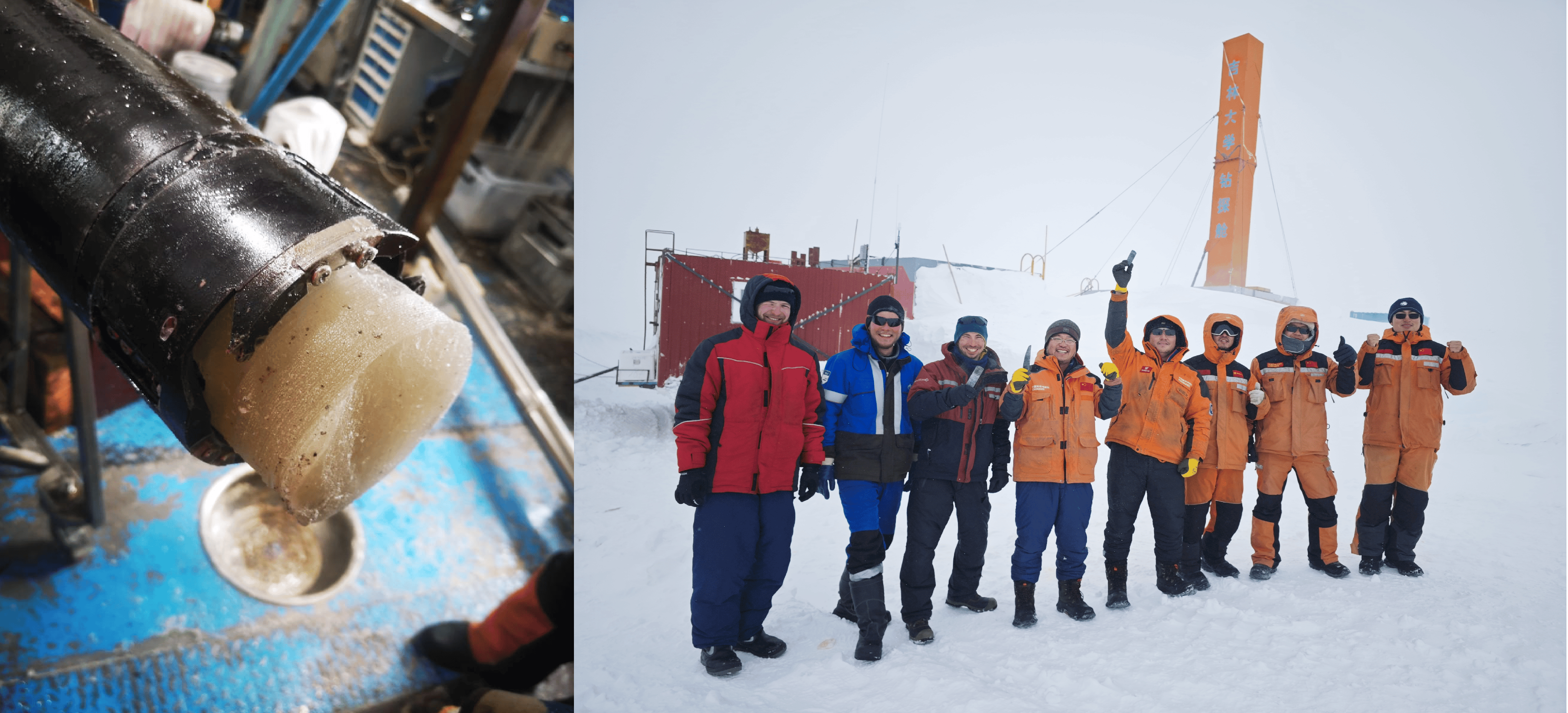 On the left — the last piece of basal ice, which until a few minutes ago was firmly attached to the bedrock. On the right — a bedrock sample, like a torch held by the driller.