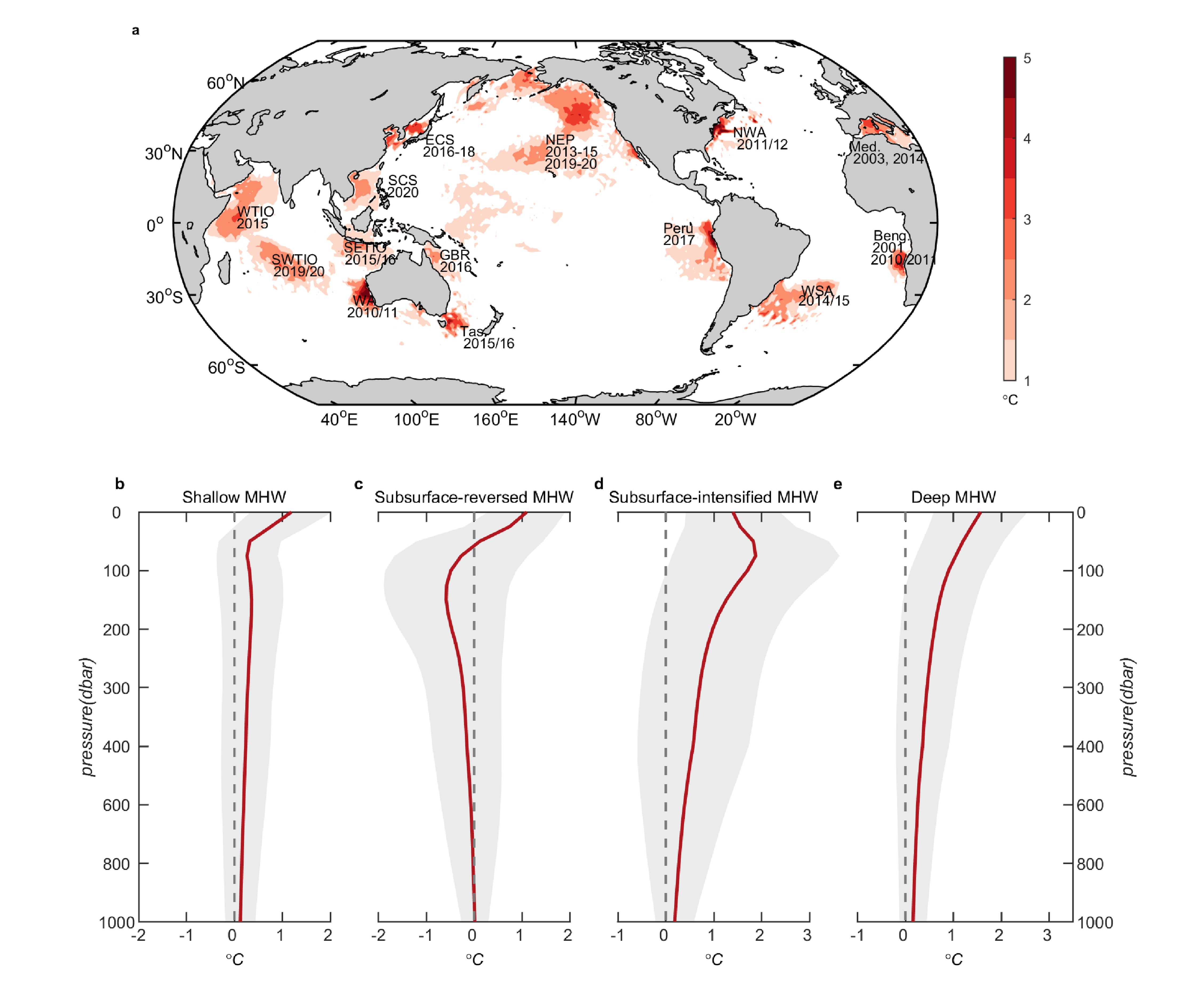 Figure 1 a, Sea surface temperature anomalies (above 1℃) on the day of maximum intensity of the prominent MHWs; b, shallow MHWs; c, subsurface-reversed MHWs; d, subsurface-intensified MHWs; and e, deep MHWs. The shading represents one standard deviation of the vertical temperature anomalies for each type of MHW (Unit: ℃).