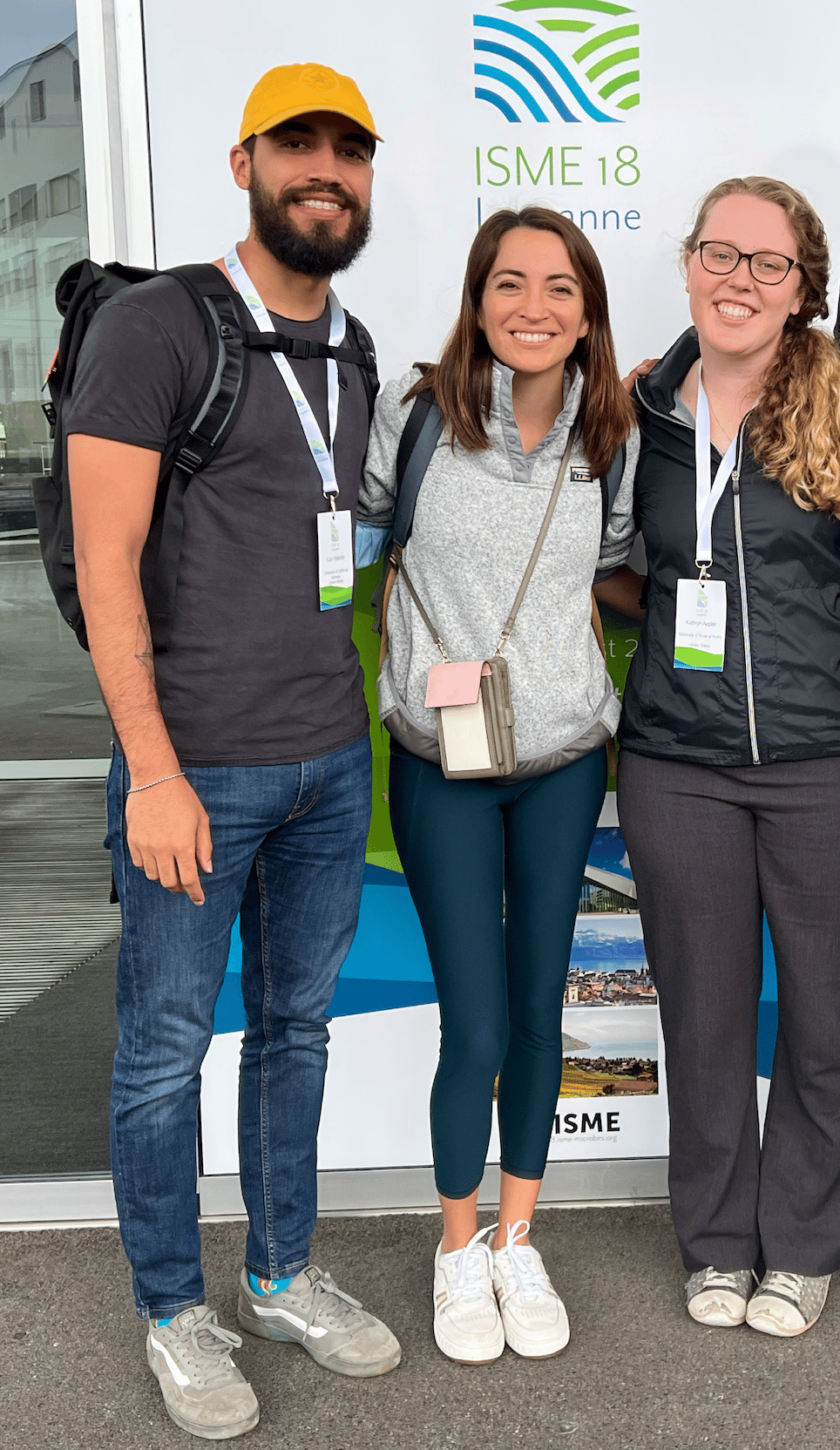 The photo of Luis E. Valentin-Alvarado, Kathryn Appler, and Valerie De Anda at the  International Symposium on Microbial Ecology, Switzerland 2022.