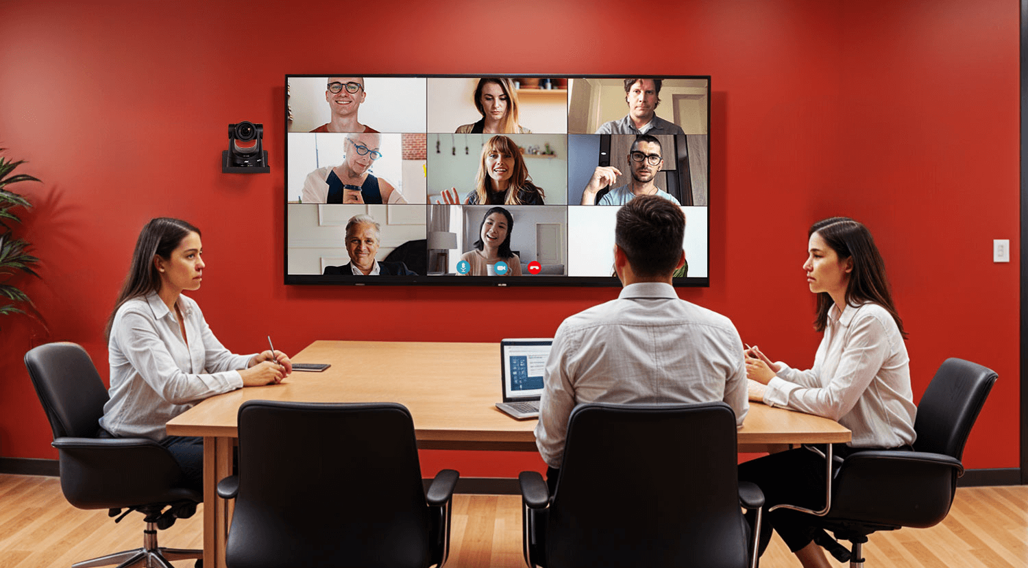 Reunión híbrida en sala de conferencias moderna con videollamada con cámara 4k en pantalla