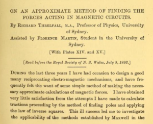 Florence Martin's first paper, from 1893 titled 'On an approximate method of finding the forces acting in magnetic circuits'
