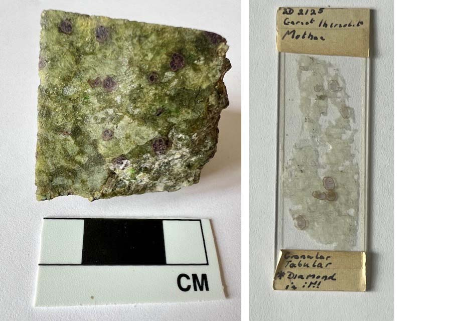 Hand specimen and original thin section of the first diamond bearing mantle fragment to be described
