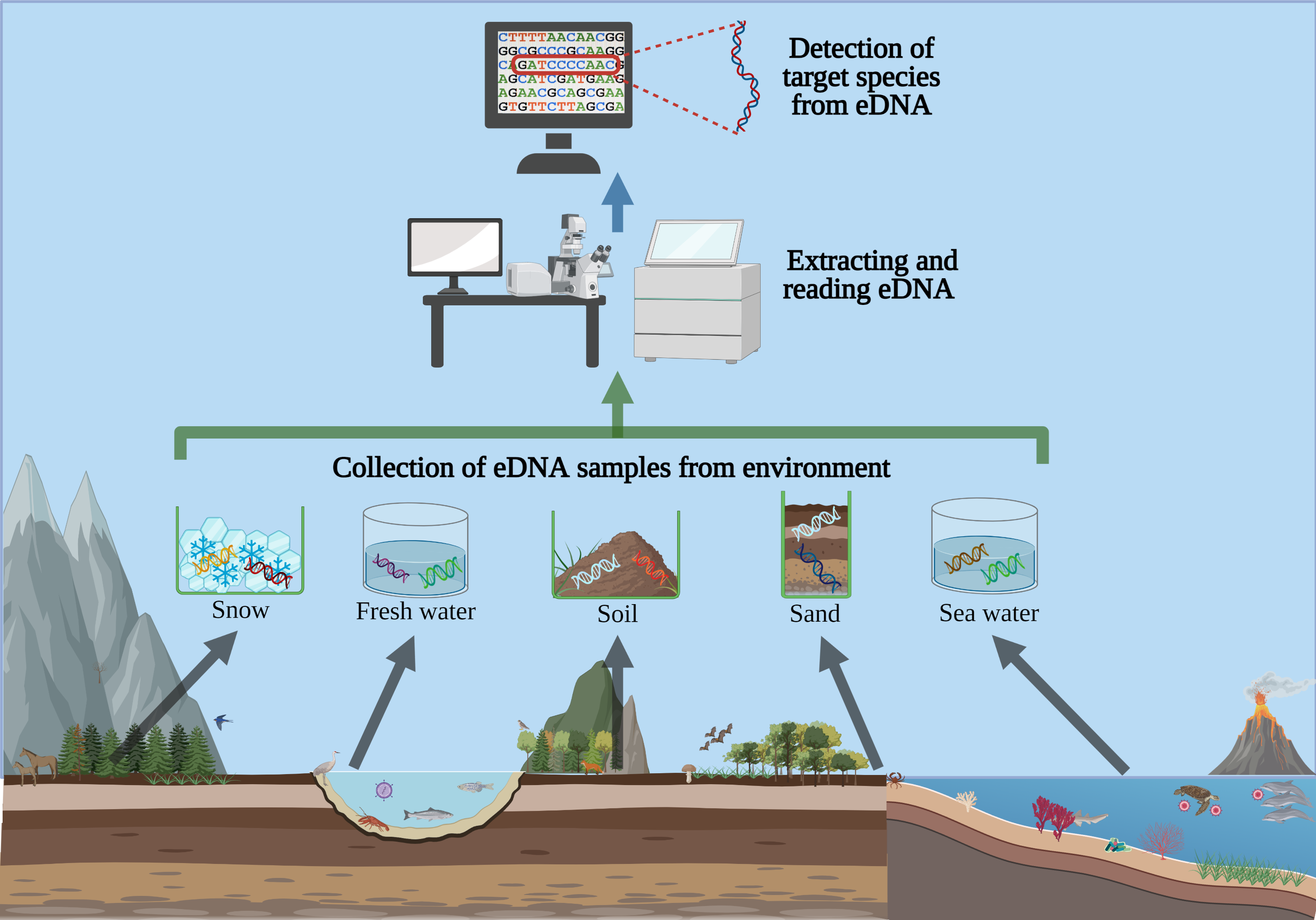 Schematic of types of environments eDNA can be recovered from.