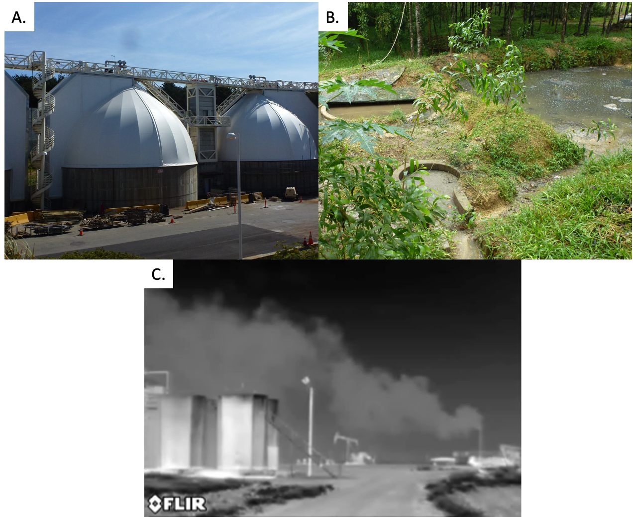 Examples of stranded methane sources across the world. A. Anaerobic digesters at a wastewater treatment plant in California treating municipal waste. The biogas produced in anaerobic digestion may be used for power generation, but the vast majority of plants equipped with this technology do not use it B. Small-scale biogas digester in Bangladesh, constructed to produce biogas for cookstoves or electricity but not in use at the time of our visit. Methane gas bubbles visible in stagnant water. C. An unlit methane flare at an oil production site in Texas (thankfully most flares are usually lit, but a significant fraction are not). Photo credits: Sahar El Abbadi (A, B) and Jeffrey Rutherford (C)