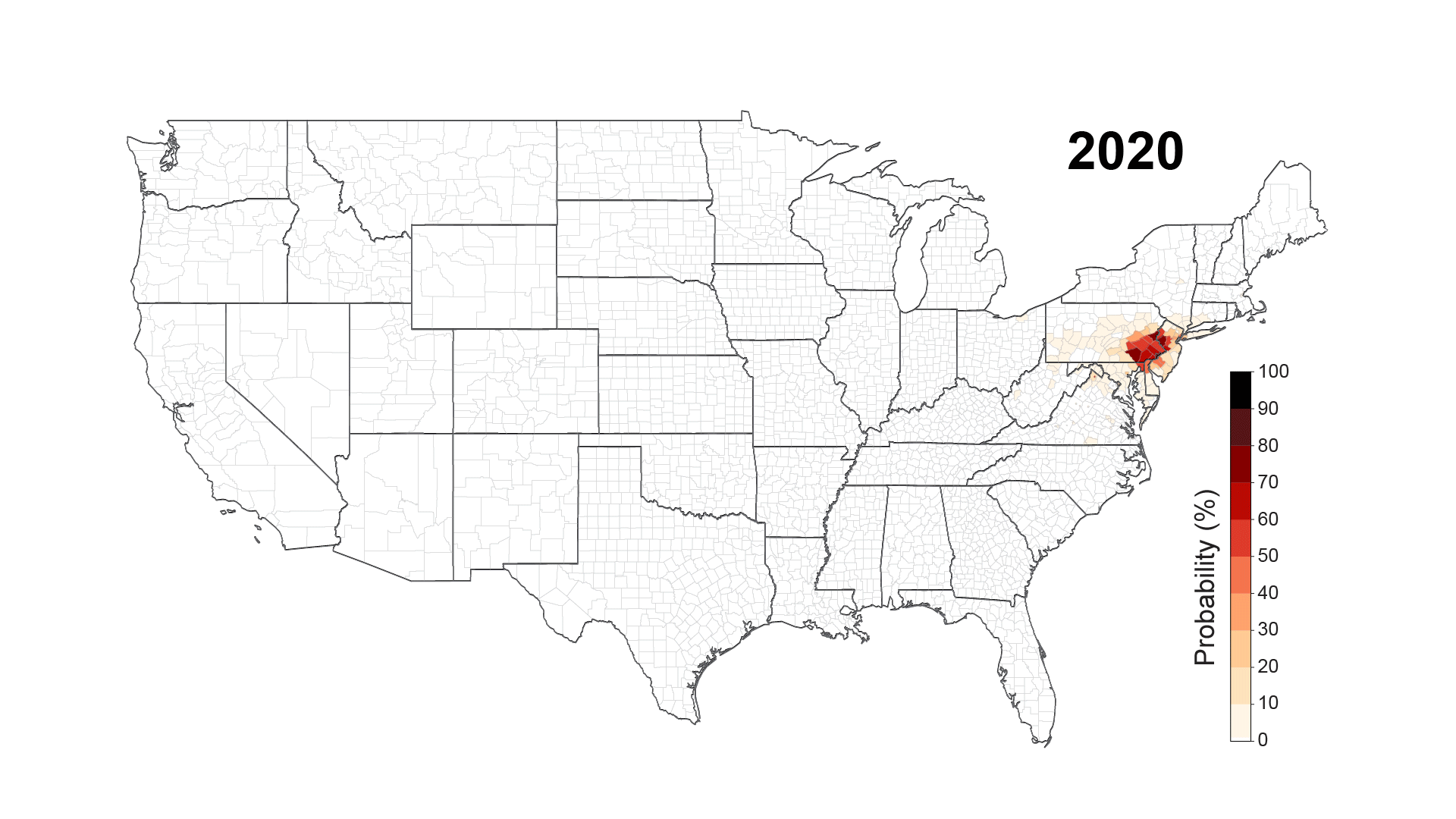 GIF showing simulated spread of spotted lanternfly across the United States from 2020 to 2050