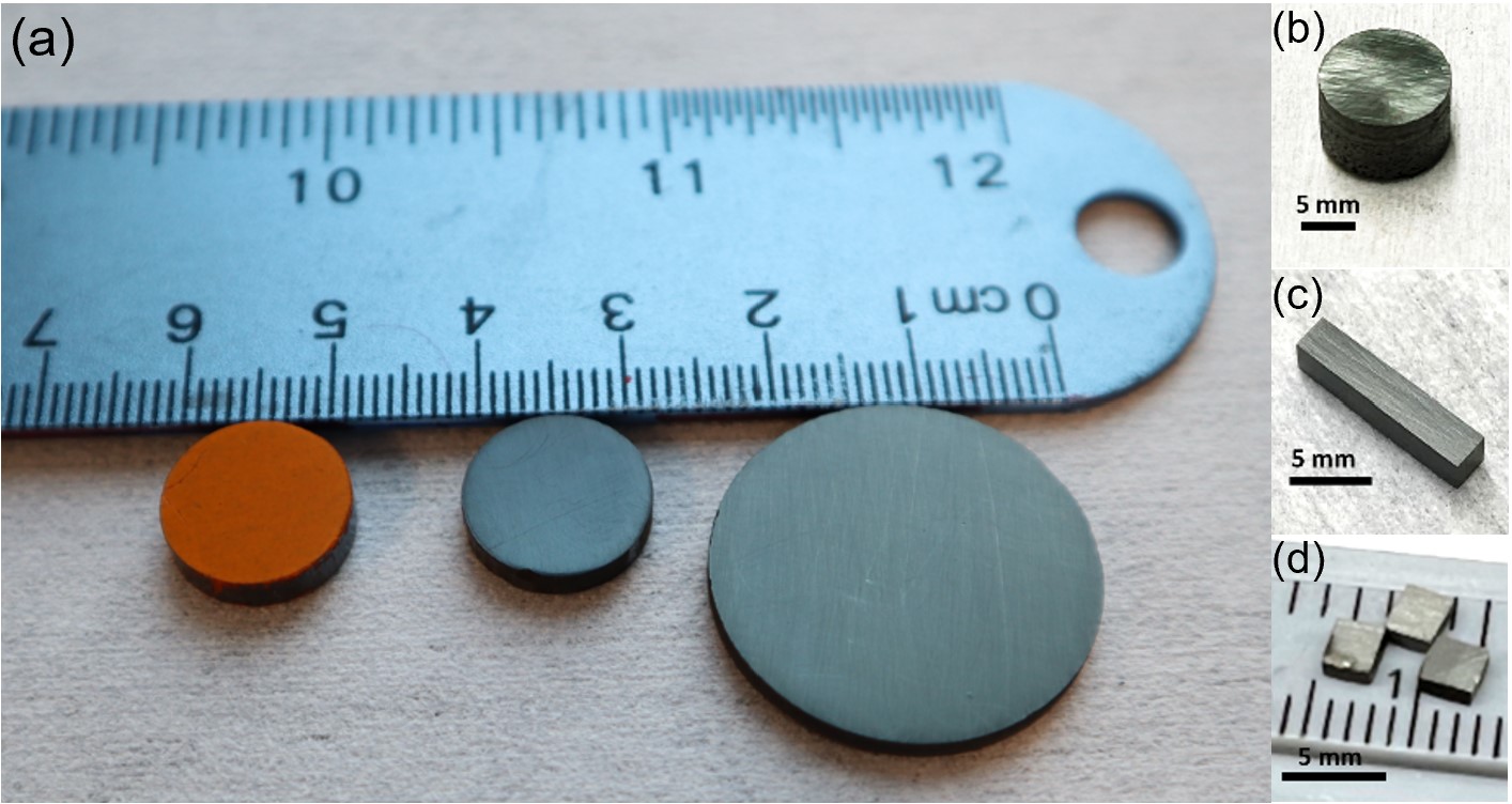 Figure 2: FAST-synthesized samples with different sizes and shapes: (a) 12.7 mm and 25.4 mm disks. (b) cylindrical, (c) rectangular bar, and (d) cubic halide perovskite samples.