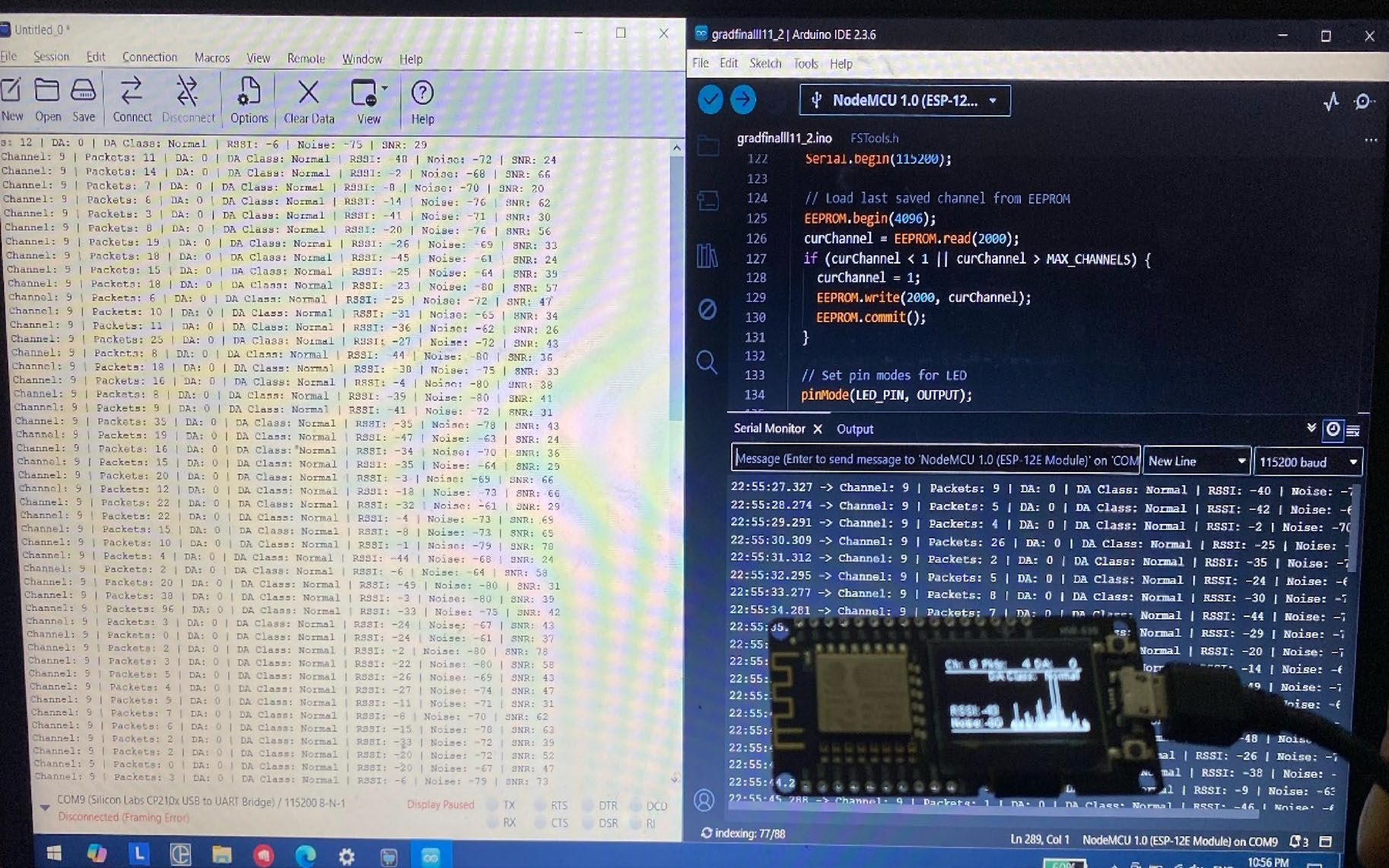 Data logging setup using NodeMCU, Arduino IDE, and CoolTerm.