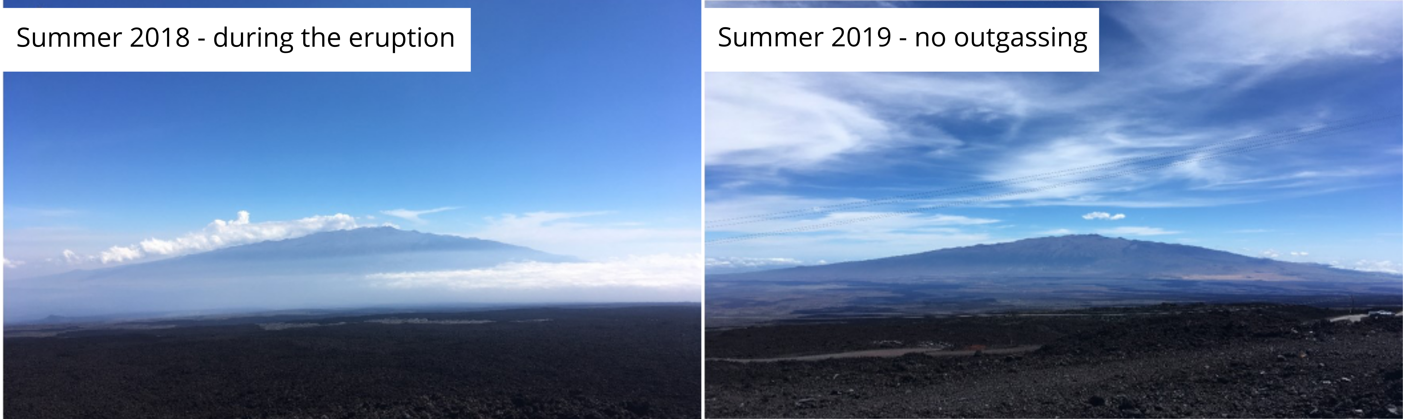 In 2018 a volcanic fog ('vog') covered the Island of Hawai'i due to pollution from the eruption. In 2019 the skies were much clearer.