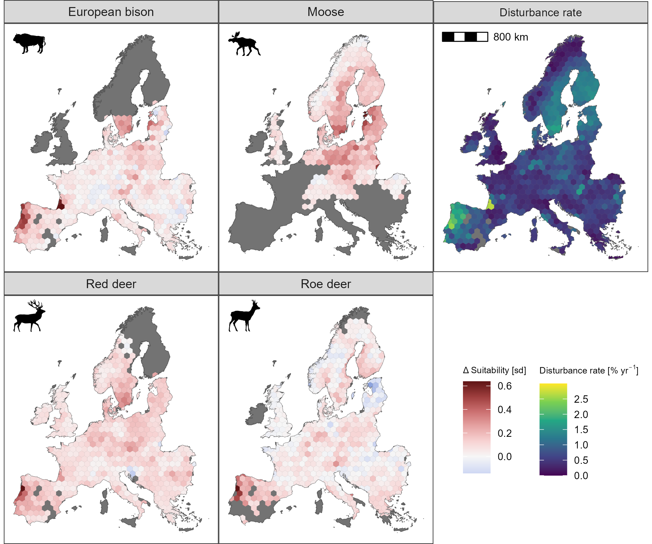Map of habitat suitability changes for European large herbivores caused by forest disturbance